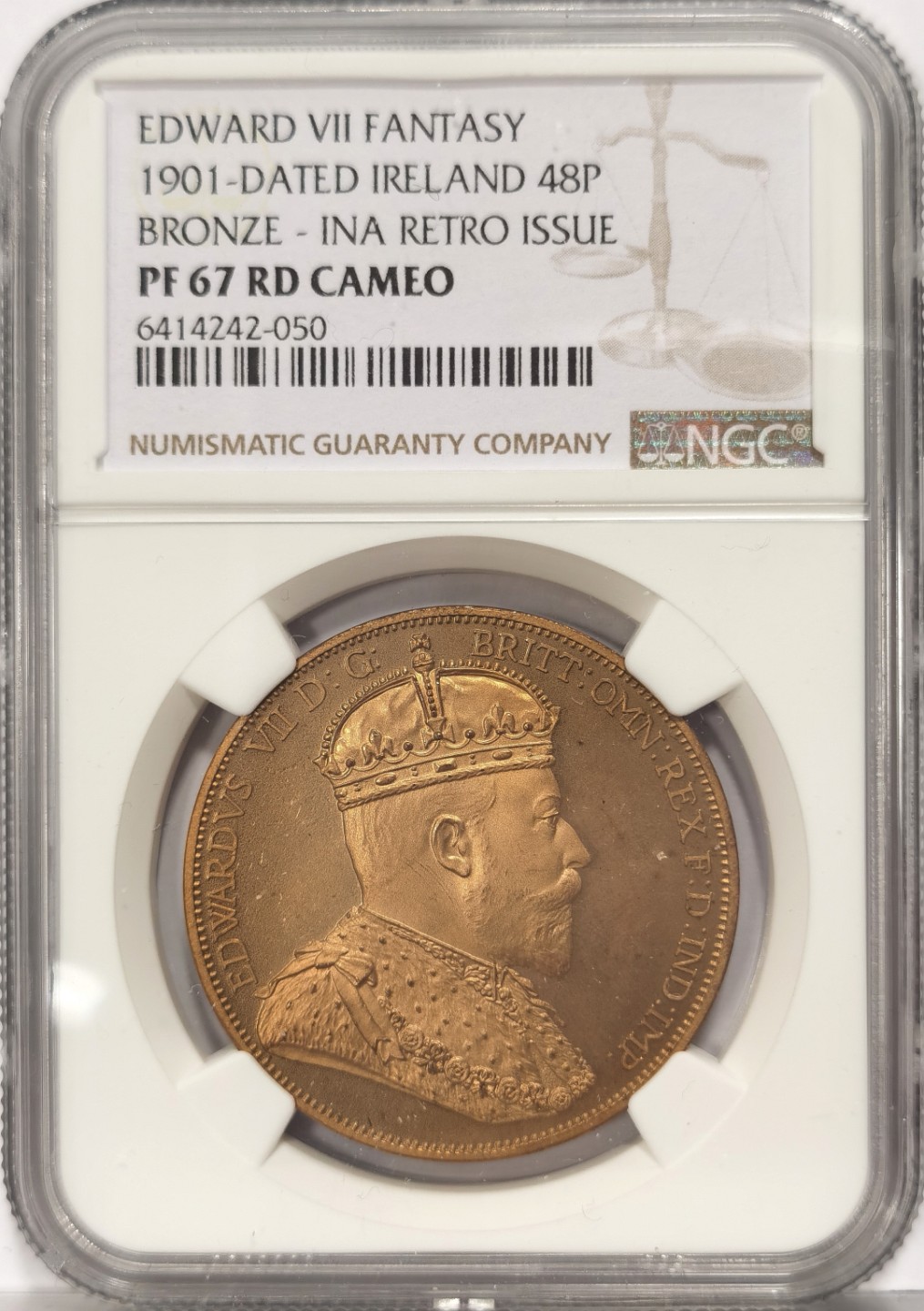 博洋堂世界钱币拍卖第022期（全场包邮） NGC PF67RD CAMEO 1901爱尔兰爱德华七世48便士臆造精制铜币，NGC唯一冠军分