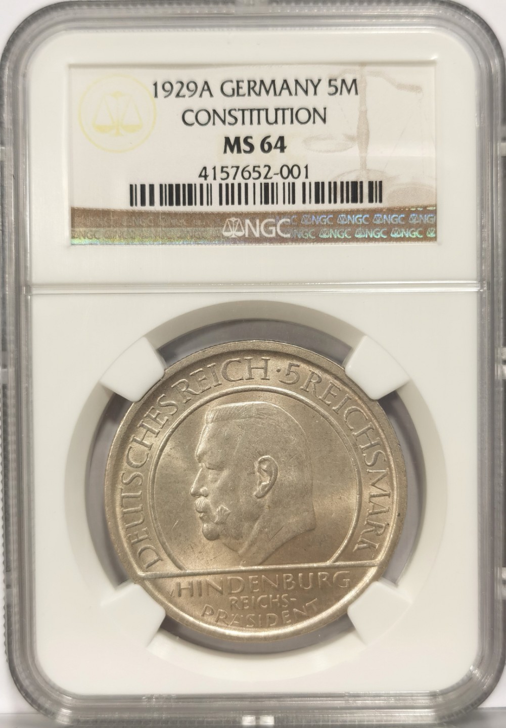 博洋堂世界钱币拍卖第022期（全场包邮） NGC MS64 1929年德国魏玛共和国兴登堡金手指制宪纪念5马克银币