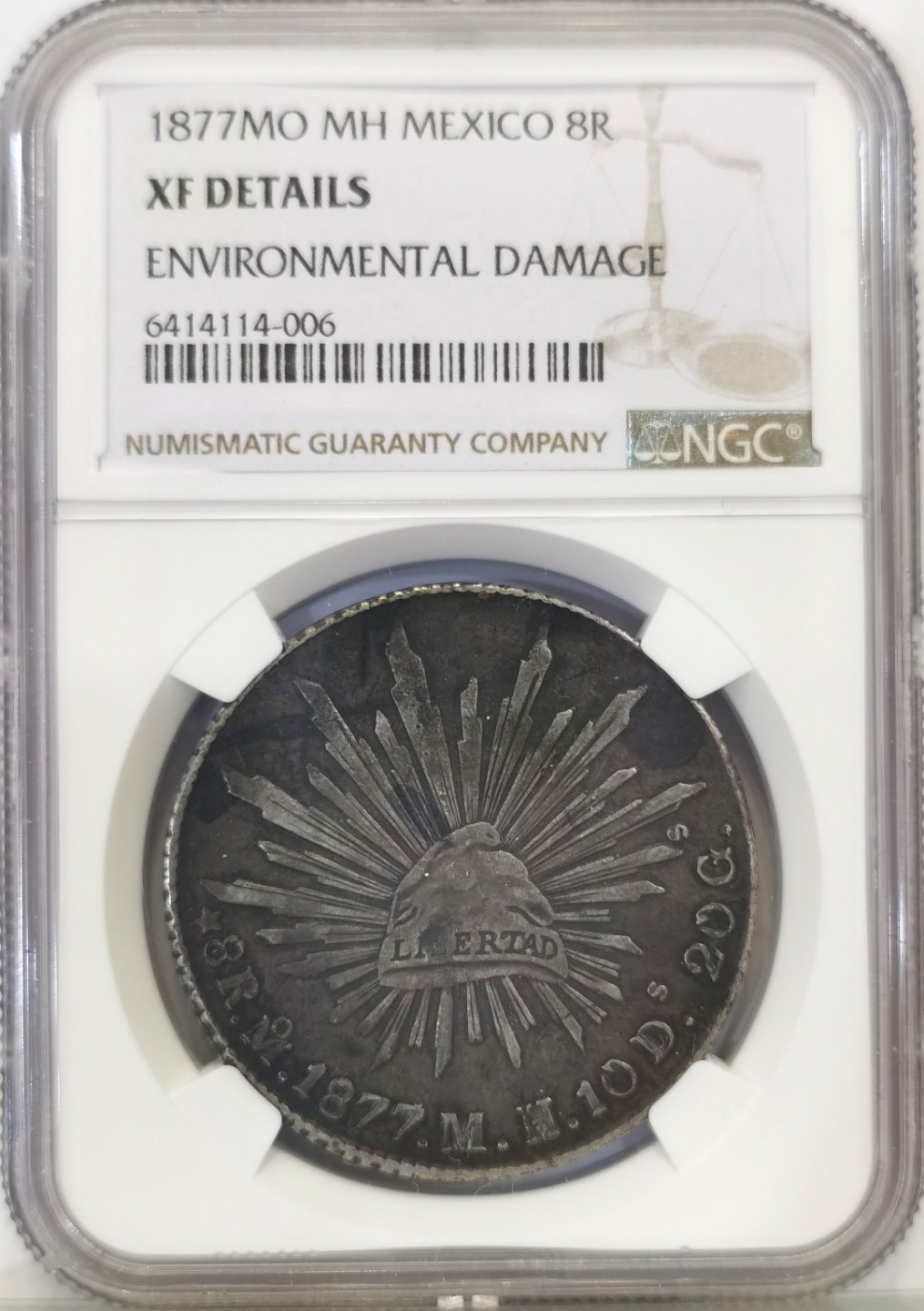 博洋堂世界钱币拍卖第022期（全场包邮） NGC XF 墨西哥1877年MO MH版花边鹰洋 原味黑彩 状态一流