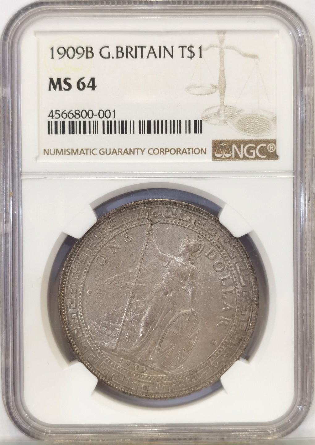 博洋堂世界钱币拍卖第022期（全场包邮） NGC MS64 英国站洋1909年B版壹圆银币 欧洲包浆