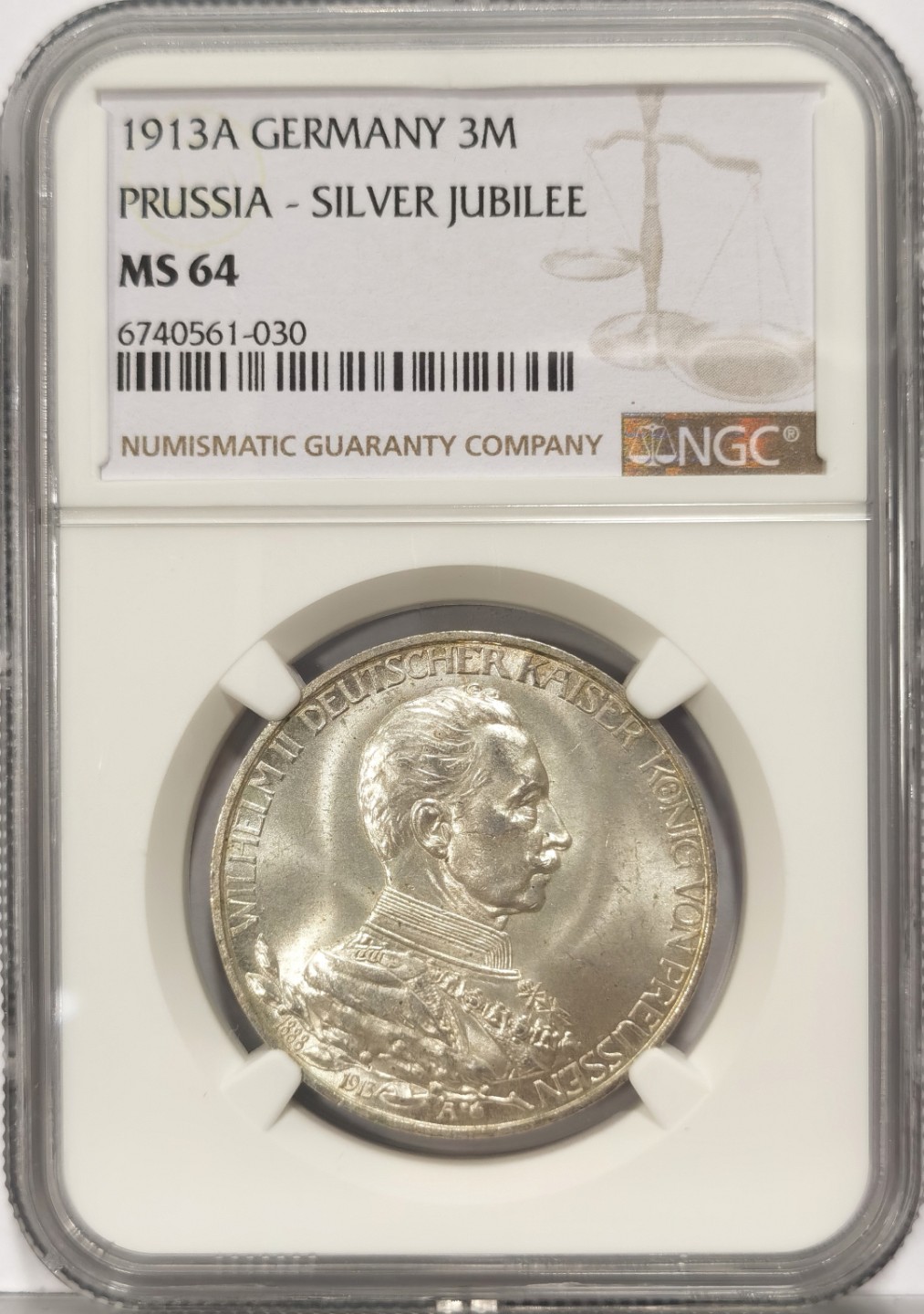 博洋堂世界钱币拍卖第022期（全场包邮） NGC MS64 1913年德国普鲁士威廉二世在位25周年纪念3马克银币
