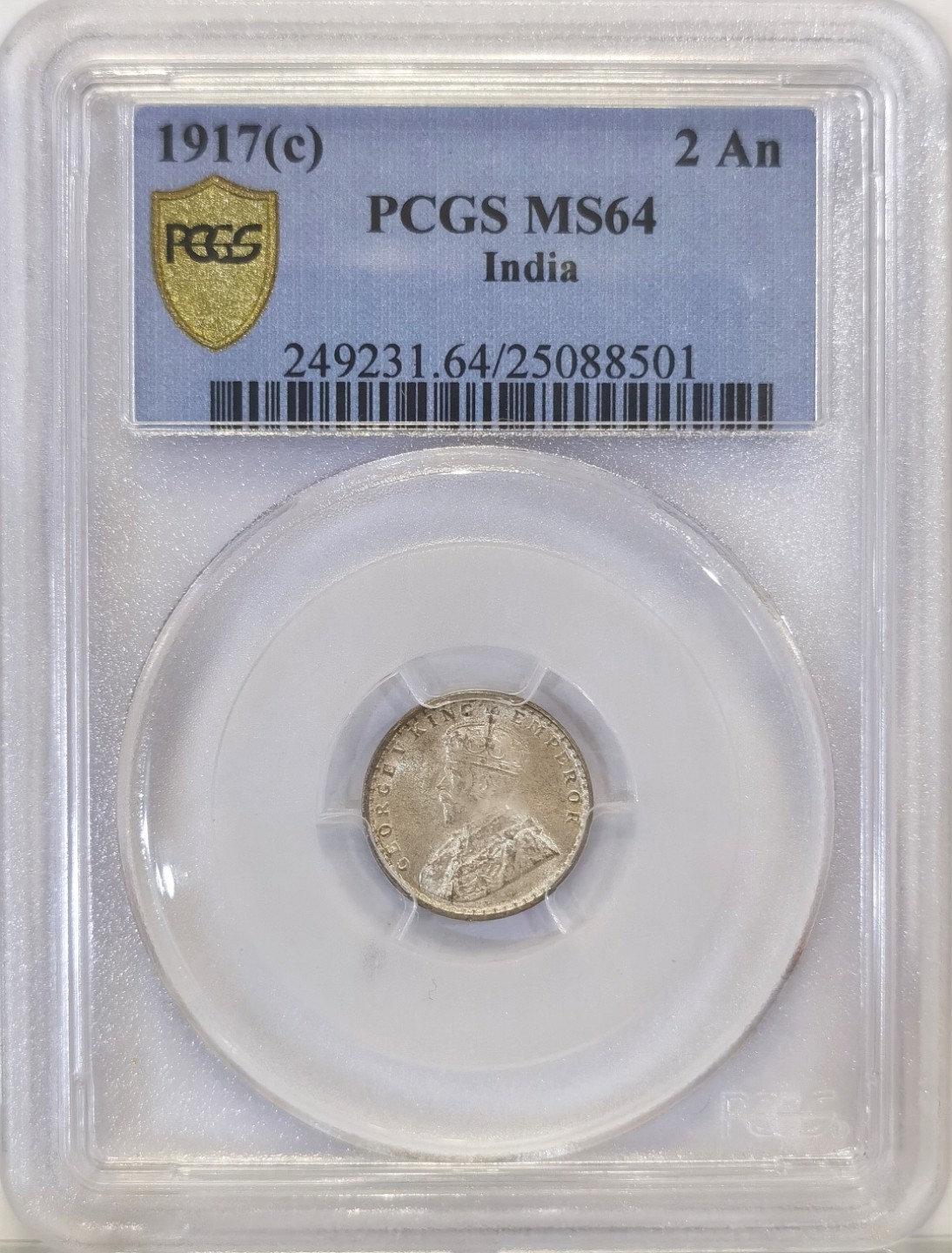 博洋堂世界钱币拍卖第022期（全场包邮） PCGS MS64 英属印度1917年C版 乔治五世 2安娜银币 高分配套佳品