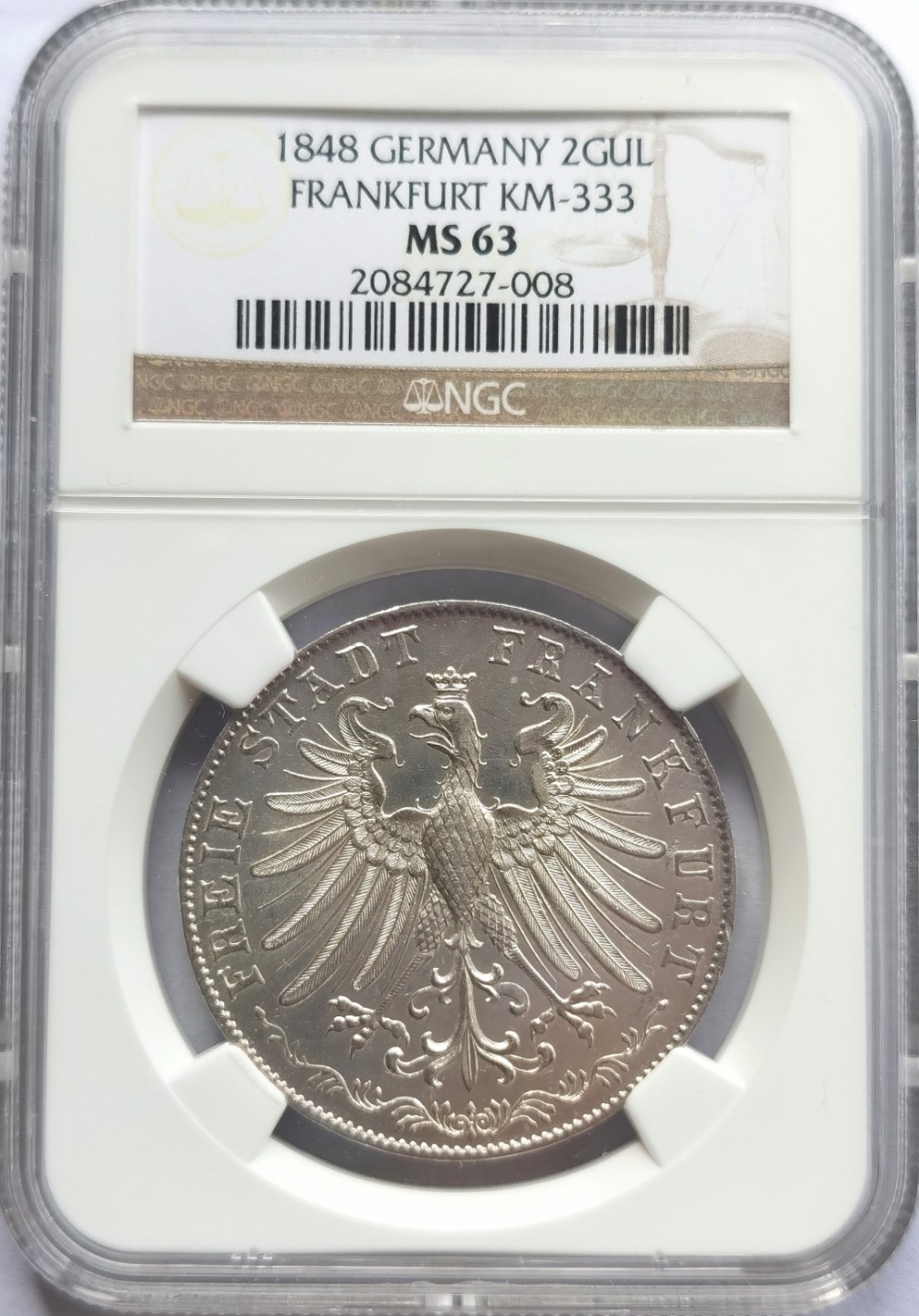 博洋堂世界钱币拍卖第022期（全场包邮） NGC MS63 1848年德国法兰克福2古尔登大银币 少见年份 NGC冠军分