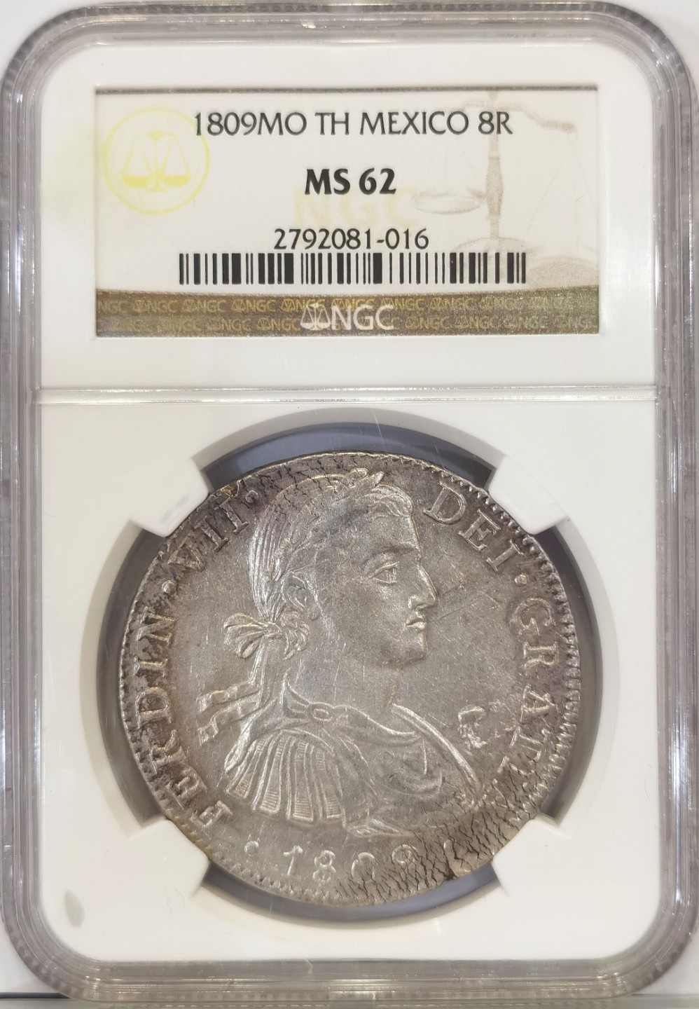 博洋堂世界钱币拍卖第022期（全场包邮） NGC MS62 西属墨西哥1809年斐迪南七世双柱 MO TH 8里亚尔 过渡年份军装版 目前价值洼地