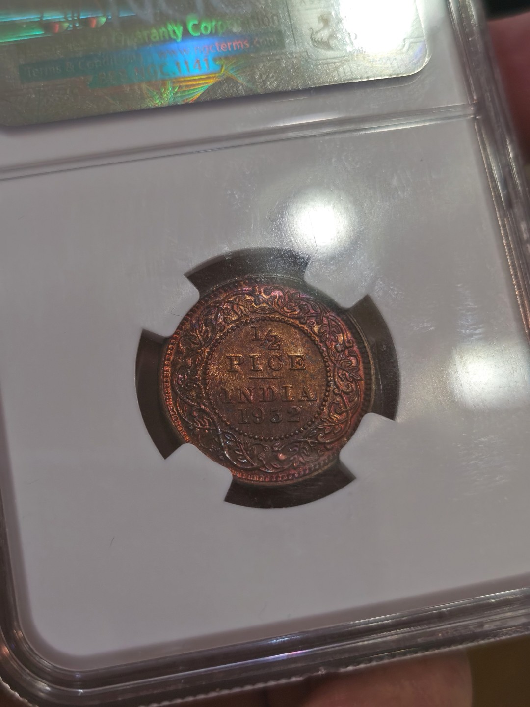 博洋堂世界钱币拍卖第022期（全场包邮） NGC MS65RB 英属印度1936年C版 乔治五世 1/2Pice铜币 顶级红铜光 名家旧藏