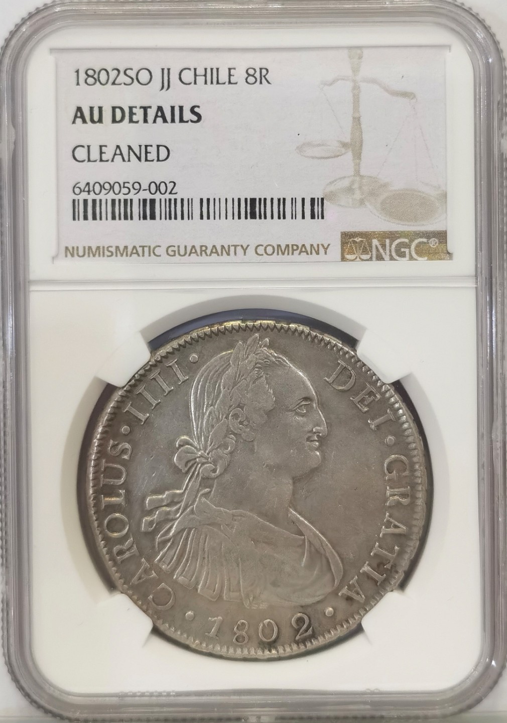 博洋堂世界钱币拍卖第022期（全场包邮） NGC AU 智利卡四双柱 So 1802 8里亚尔 双柱的天花板厂 基本见不到该厂 收藏级