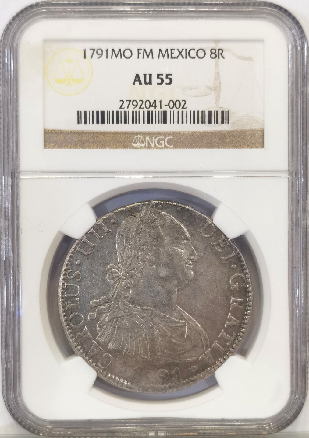 博洋堂世界钱币拍卖第022期（全场包邮） NGC AU55  西属墨西哥1791年卡洛斯四世双柱 8里亚尔 卡四首年 非常稀少珍贵
