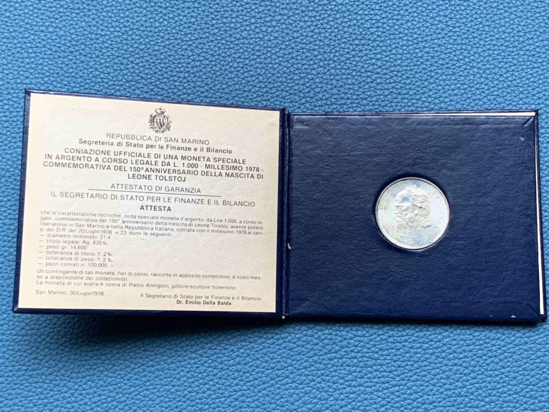 《竞宝斋》第151场-周日，周一，周四 3场 (全场包邮) 卡装 圣马力诺1978年 一百五十周年生日纪念 1000里拉银币