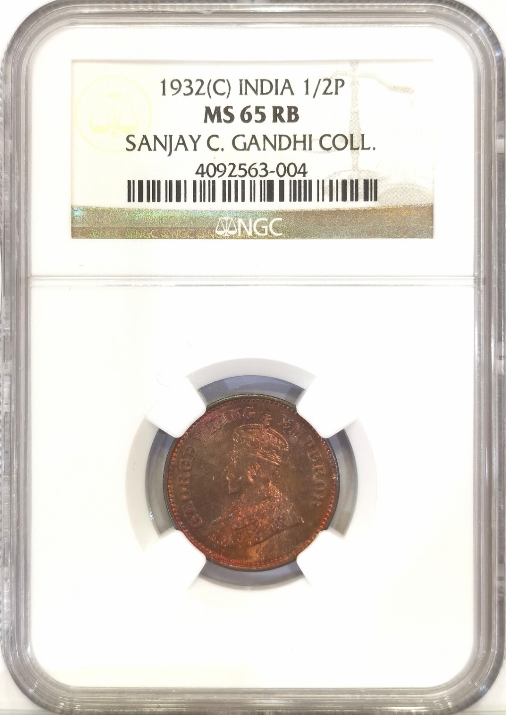 博洋堂世界钱币拍卖第022期（全场包邮） NGC MS65RB 英属印度1936年C版 乔治五世 1/2Pice铜币 顶级红铜光 名家旧藏
