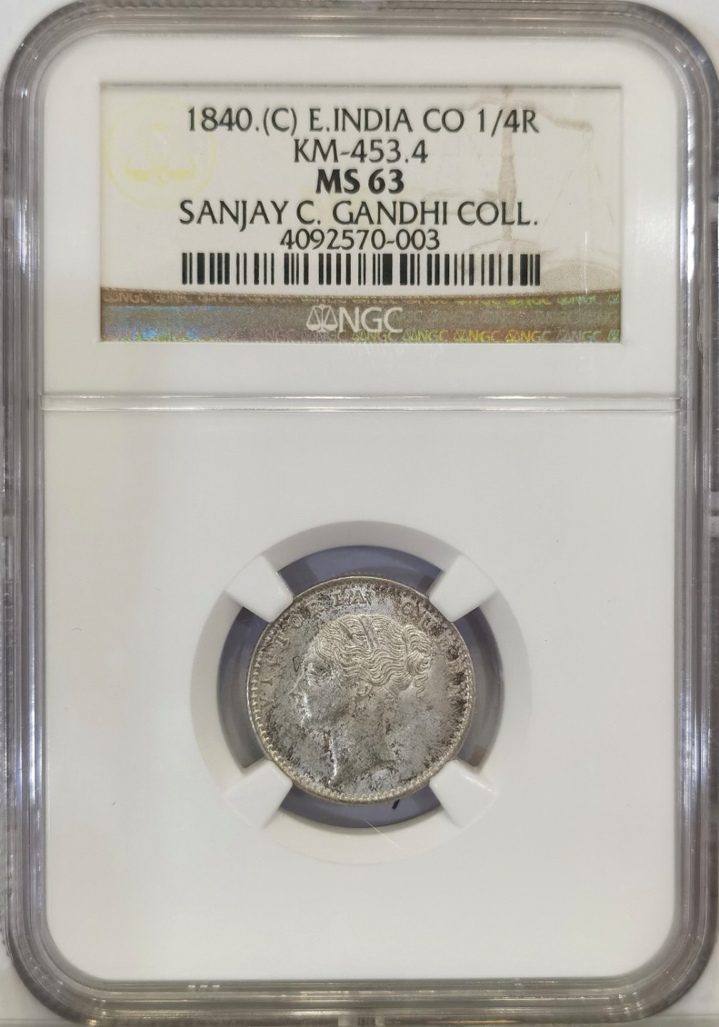 博洋堂世界钱币拍卖第022期（全场包邮） NGC MS63 英属印度1840年C版 维多利亚早期 1/4卢比银币 名家旧藏
