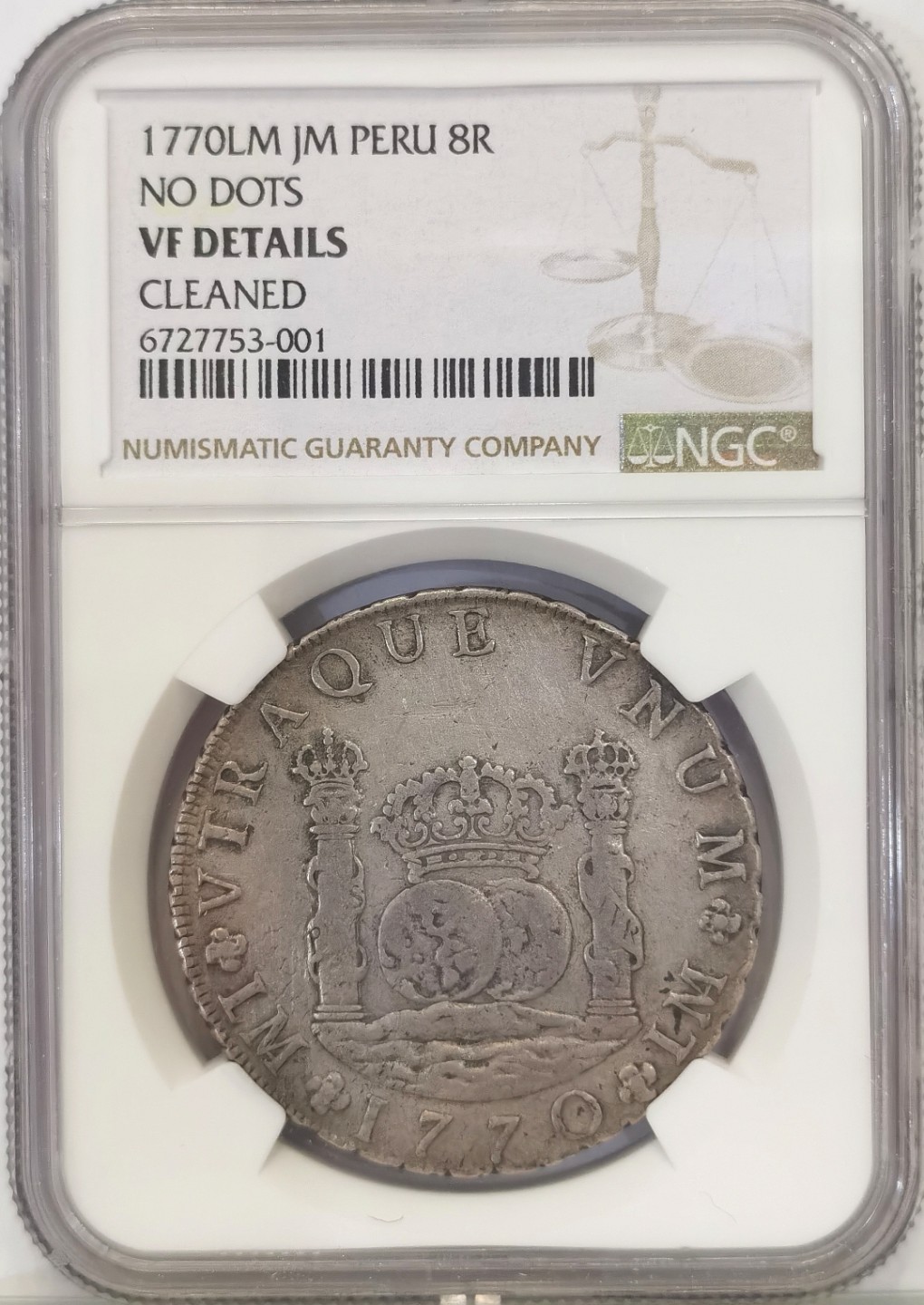 博洋堂世界钱币拍卖第022期（全场包邮） NGC VF 秘鲁利马厂地球双柱 1770 8里亚尔 无点版 无点版 无点版 非常稀少rare级 评级个位数