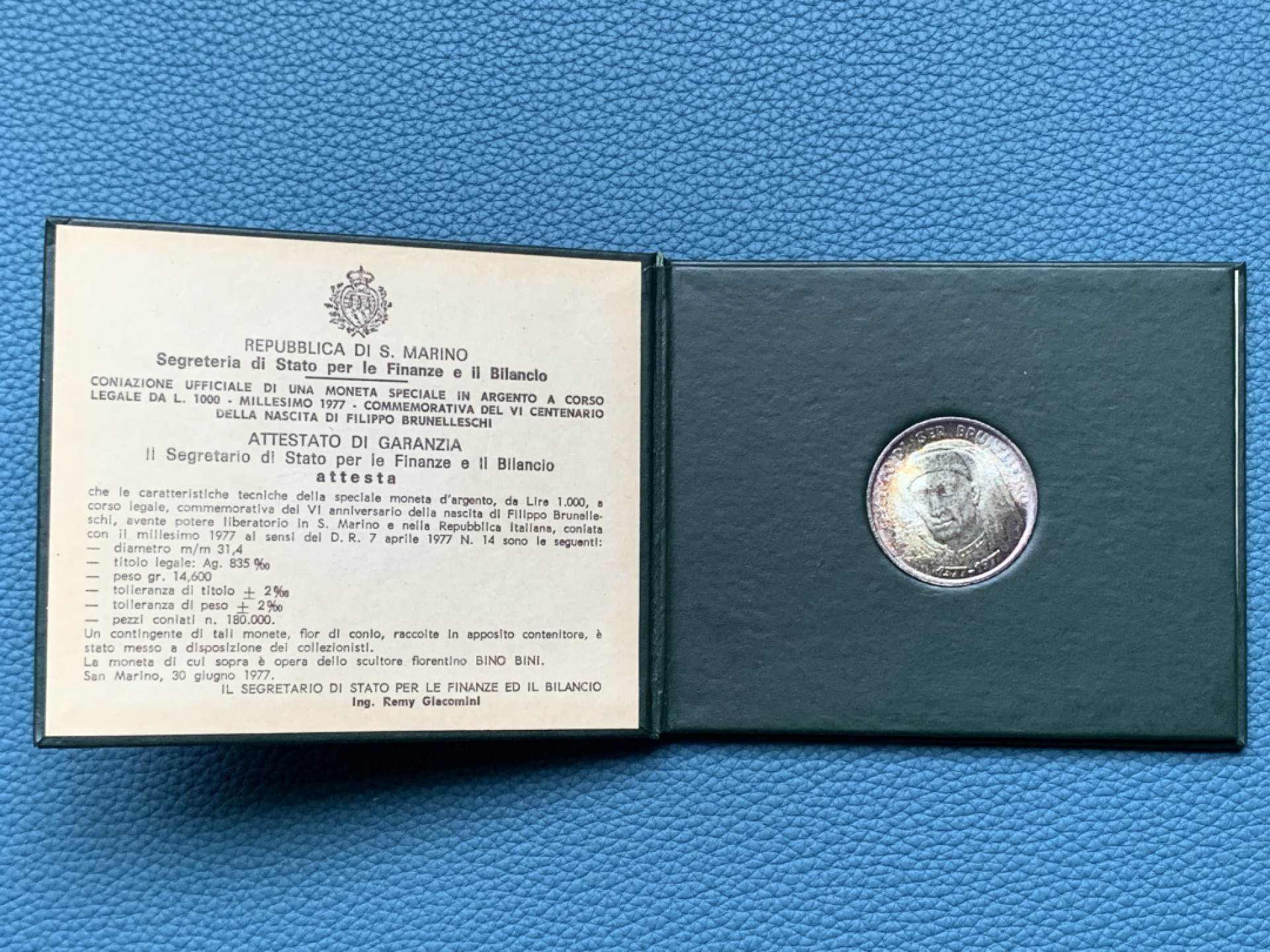 《竞宝斋》第151场-周日，周一，周四 3场 (全场包邮) 卡装 圣马力诺1977年 六百周年纪念 1000里拉银币 五彩包浆