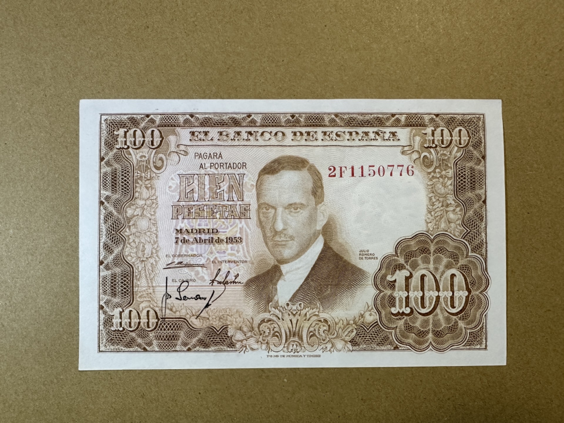 《张总收藏》97期——外币百拍 西班牙100比塞塔 UNC 1953年 西班牙画家胡里奥·罗梅罗 无4