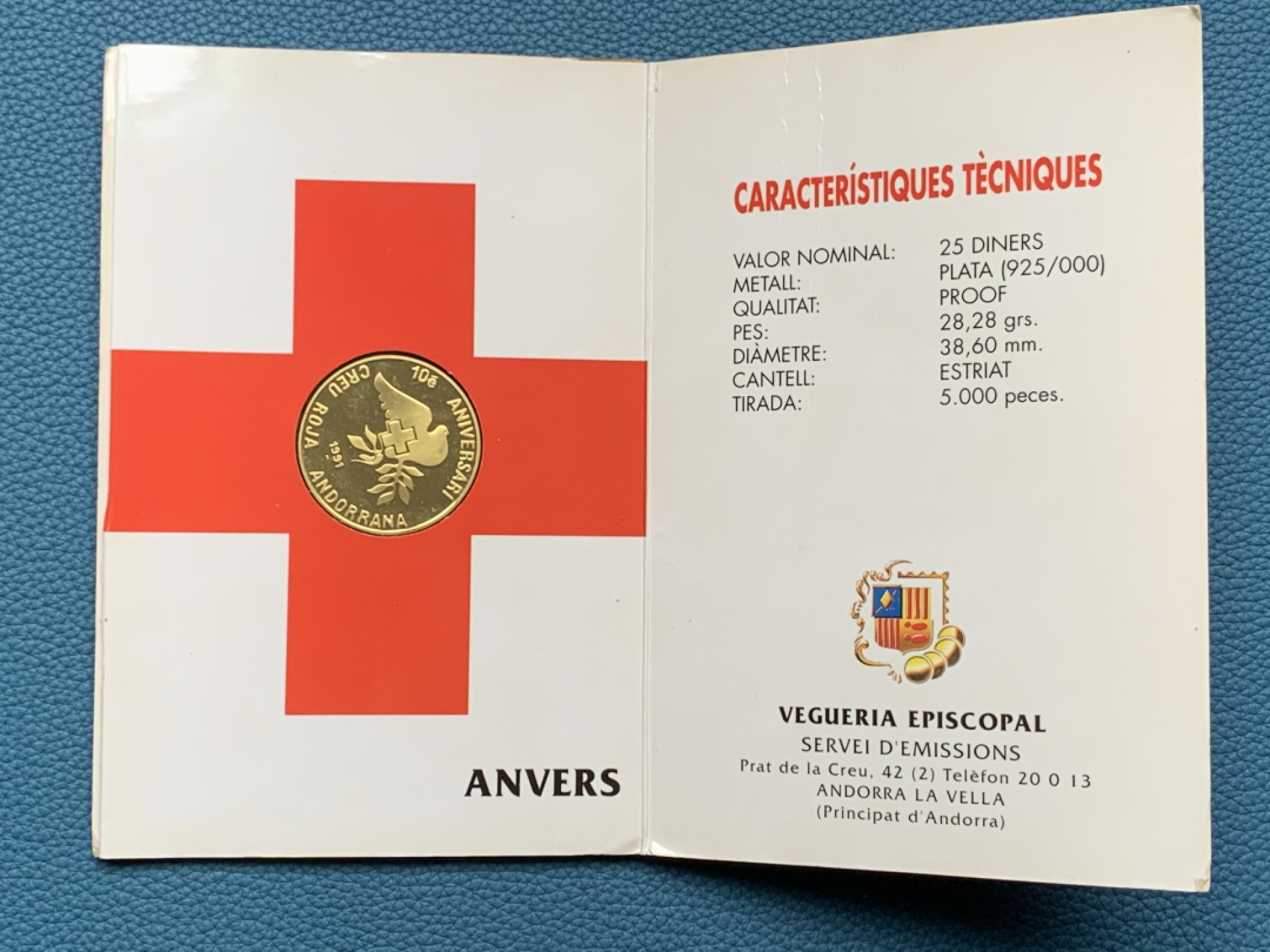 《竞宝斋》第151场-周日，周一，周四 3场 (全场包邮) 卡装 安道尔1991年 和平鸽25第纳尔大银币 28.28克 92.5%银