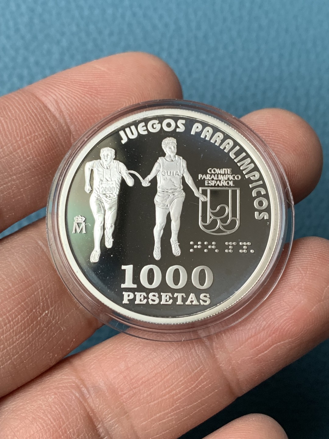 《竞宝斋》第151场-周日，周一，周四 3场 (全场包邮) 木盒 西班牙2000年 残运会 1000比塞塔精制银币