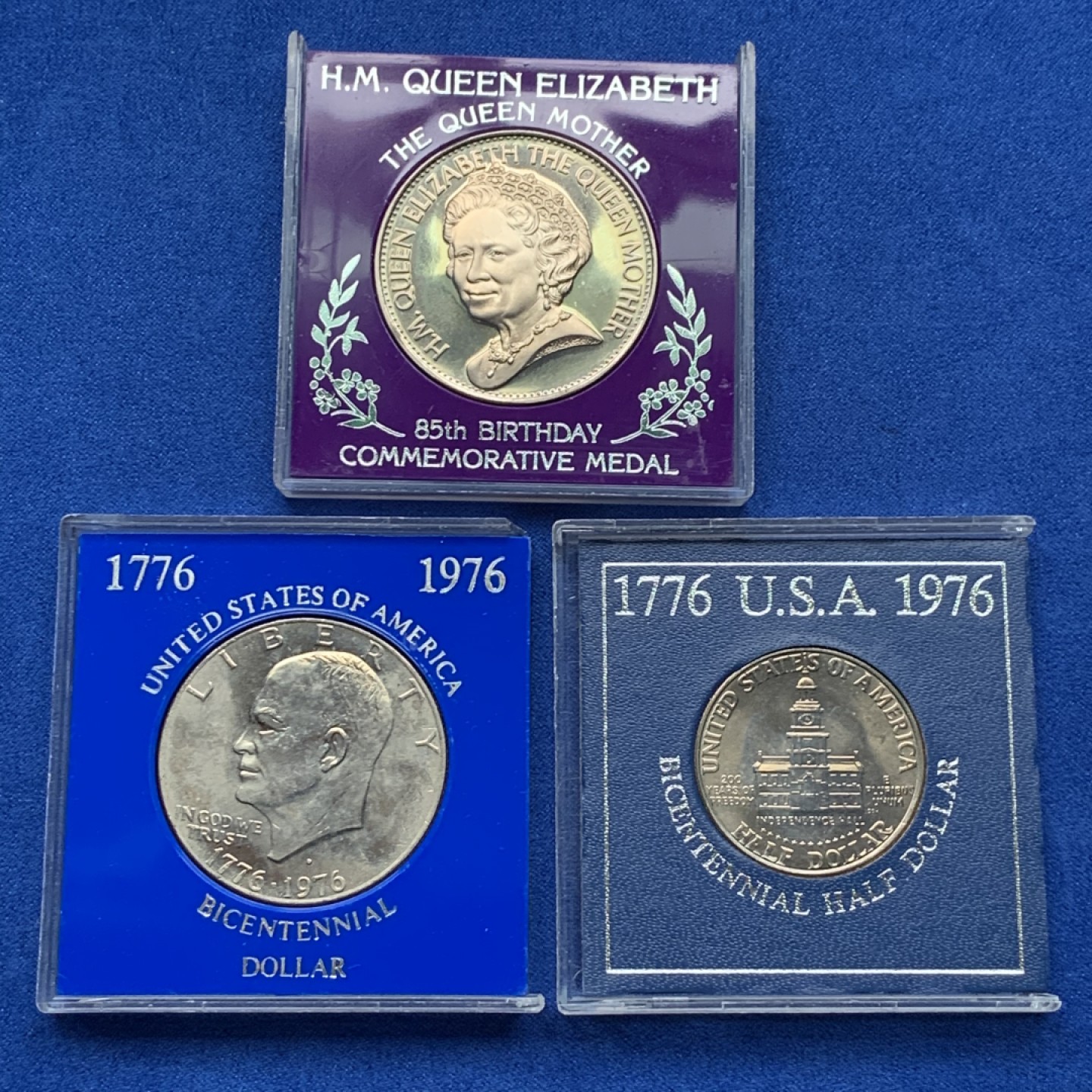 《竞宝斋》第151场-周日，周一，周四 3场 (全场包邮) 三枚组 美国两百年纪念一元和半圆镍币，英国纪念女王85周年生辰
