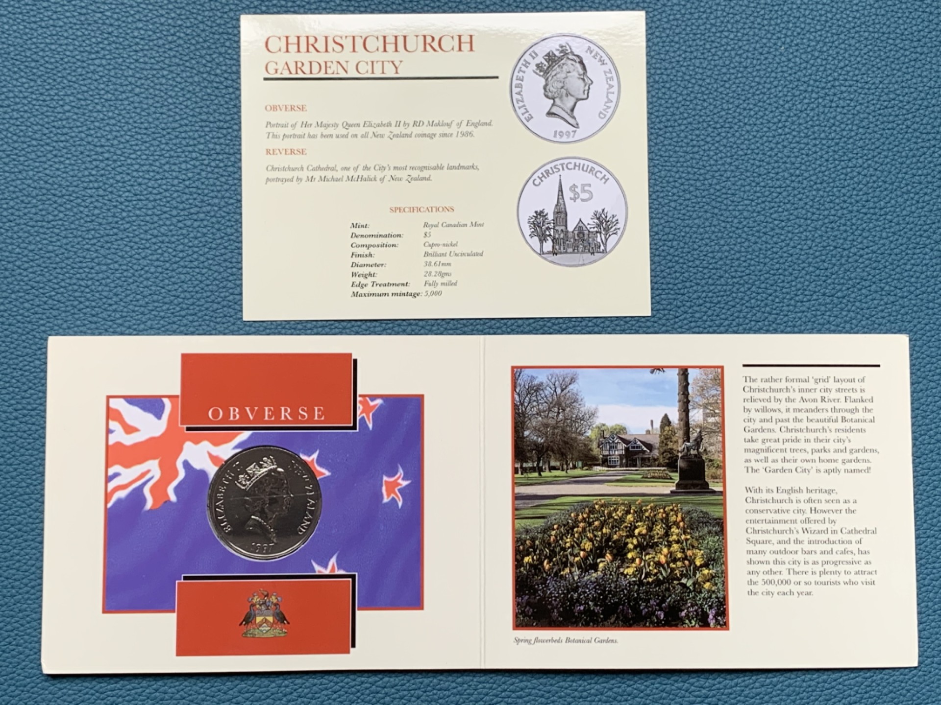 《竞宝斋》第151场-周日，周一，周四 3场 (全场包邮) 卡装 新西兰1997年 基督城纪念5元大型镍币 BU品