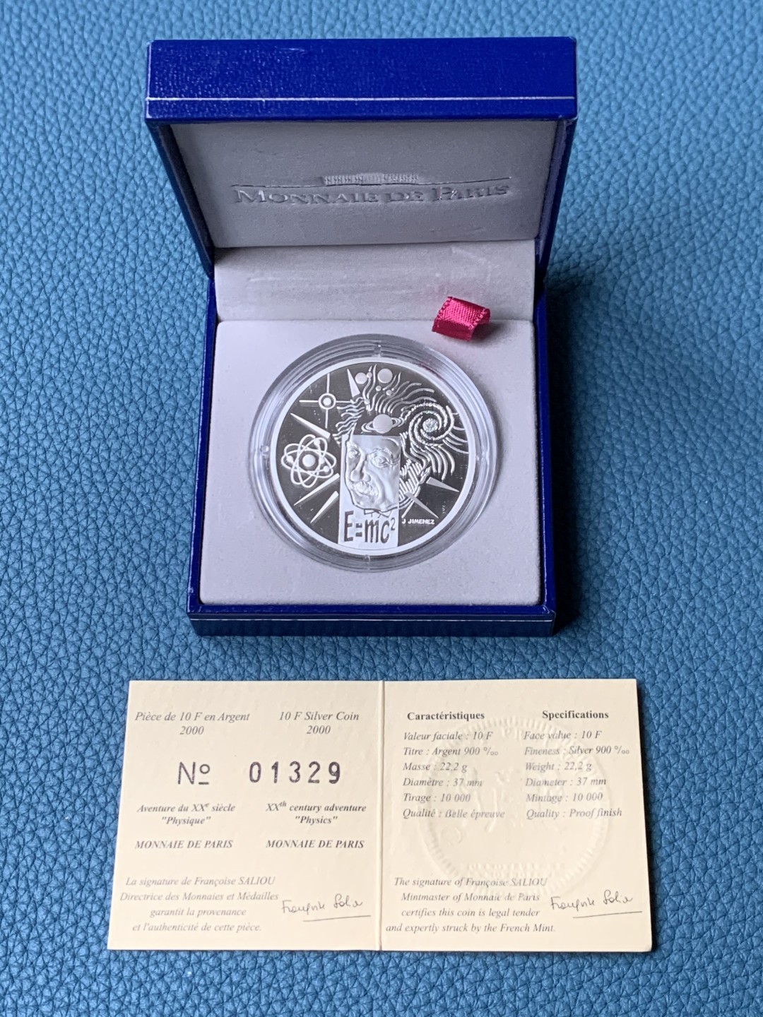 《竞宝斋》第151场-周日，周一，周四 3场 (全场包邮) 原盒 法国2000年 物理学爱因斯坦 10法郎精制大银币
