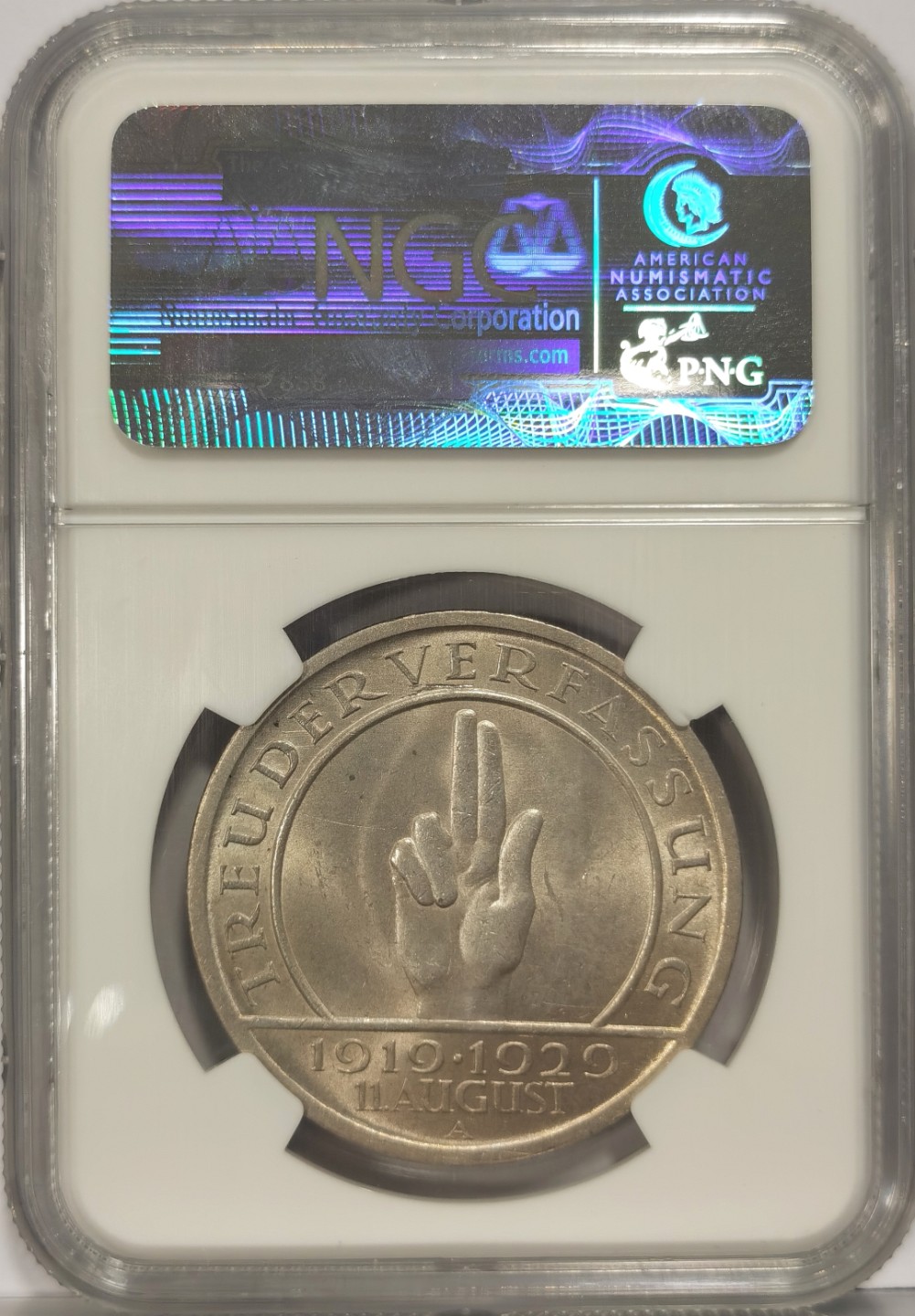 博洋堂世界钱币拍卖第022期（全场包邮） NGC MS64 1929年德国魏玛共和国兴登堡金手指制宪纪念5马克银币