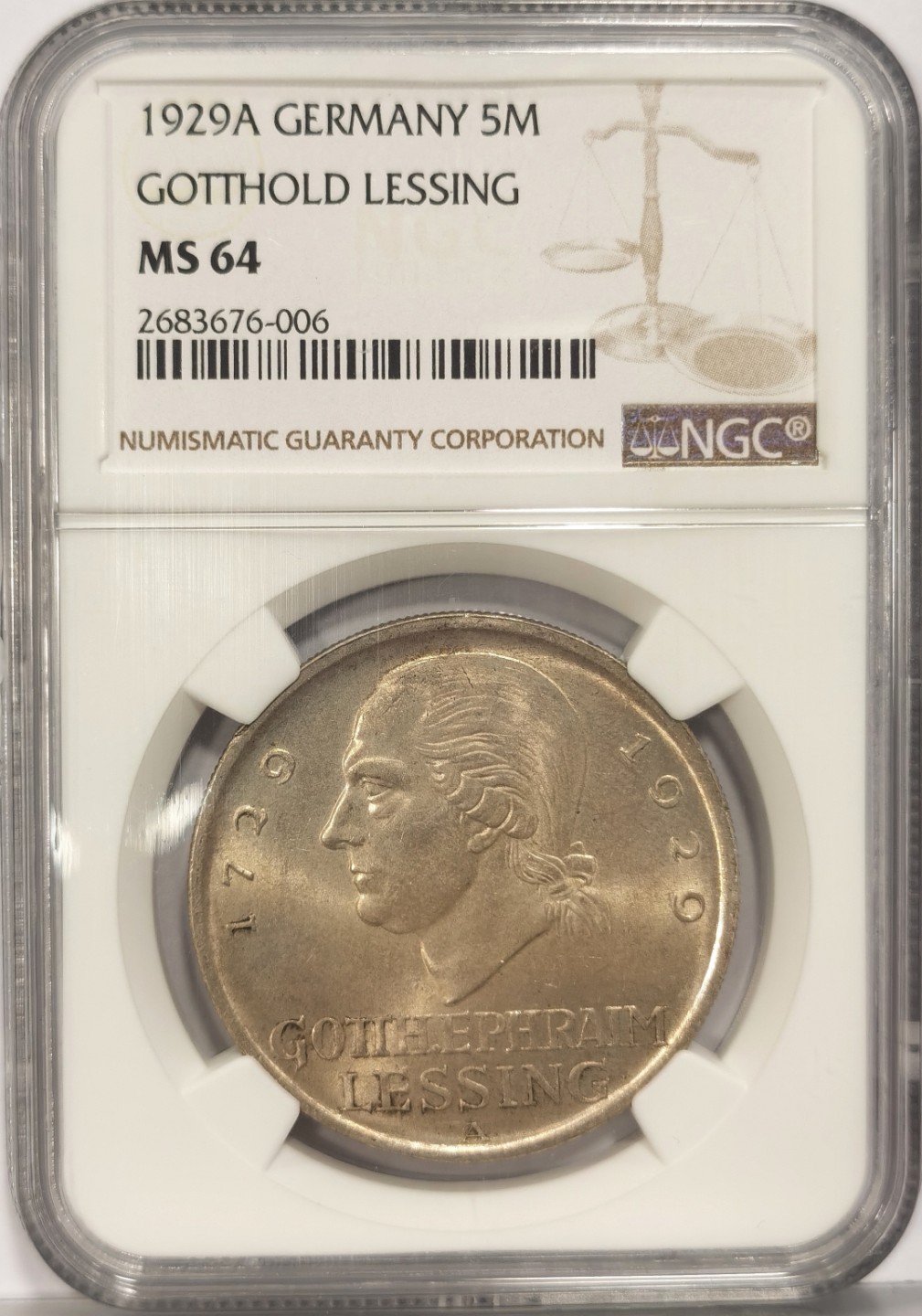 博洋堂世界钱币拍卖第022期（全场包邮） NGC MS64 1929年德国魏玛共和国莱辛5马克纪念银币