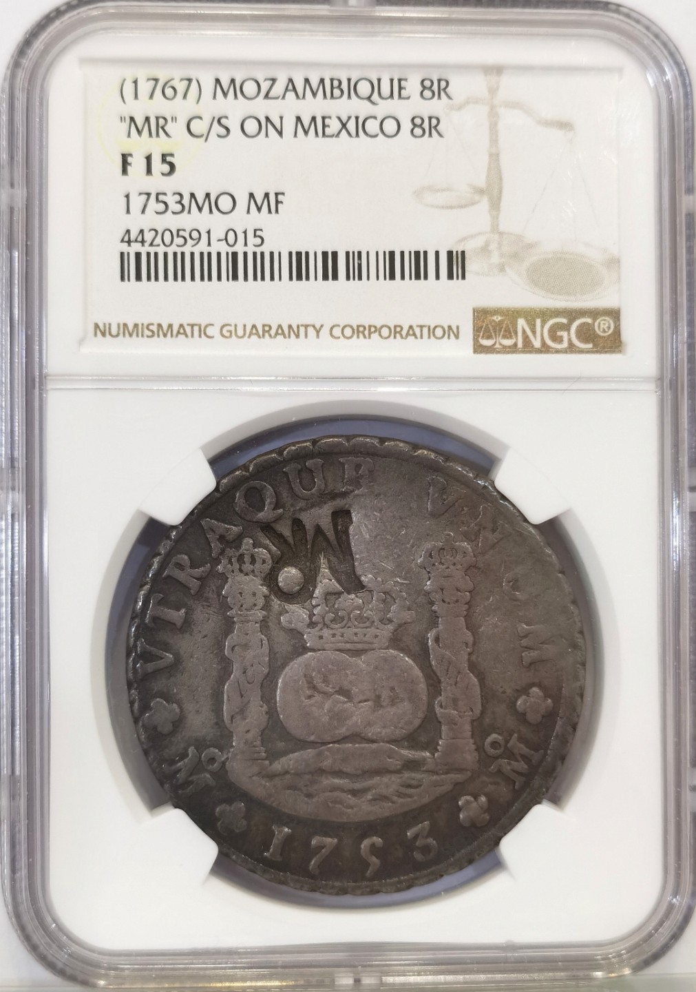 博洋堂世界钱币拍卖第022期（全场包邮） NGC F15 莫桑比克加盖墨西哥地球双柱银币“MR”戳记 非常罕见 热门加盖