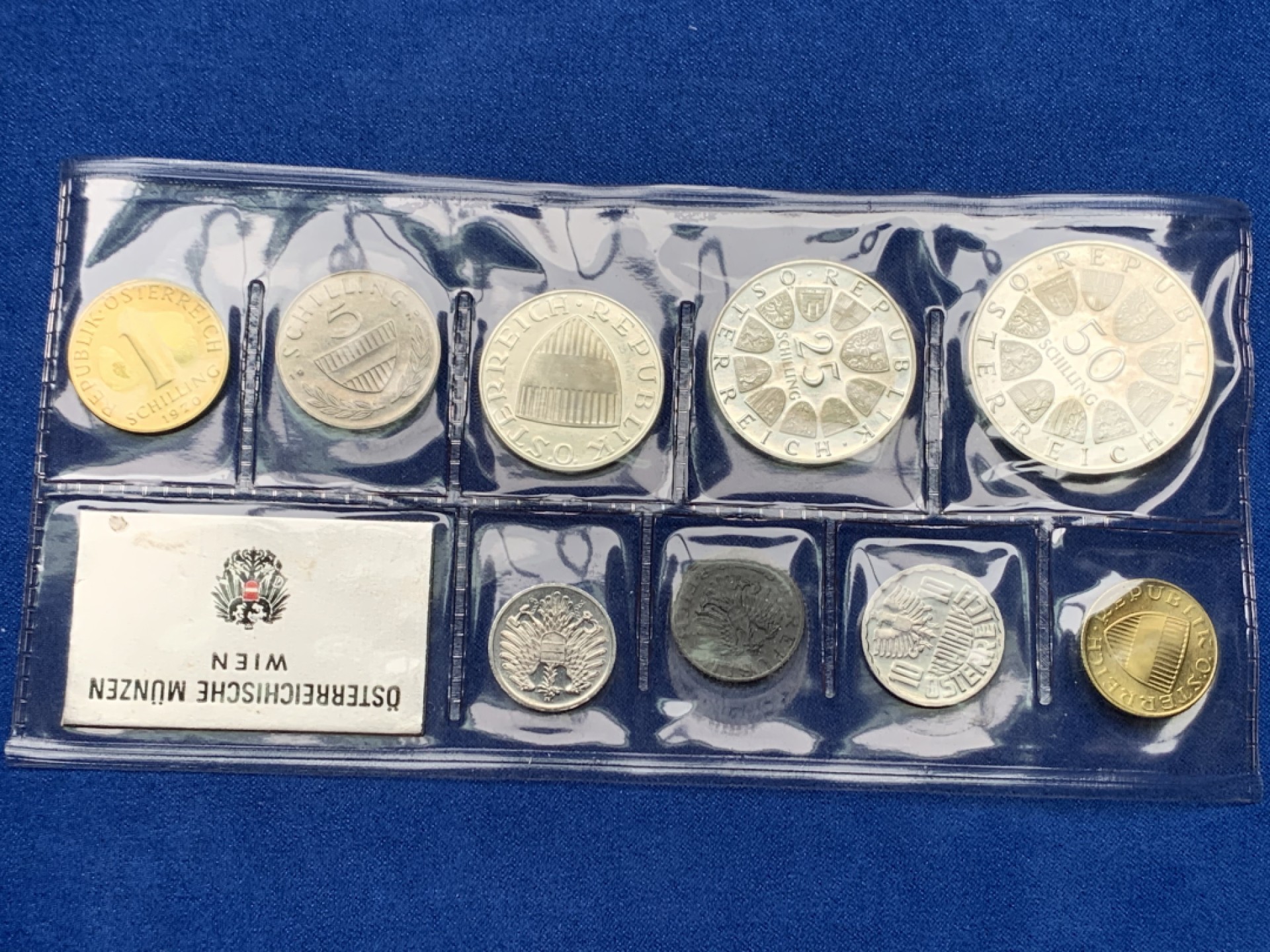 《竞宝斋》第151场-周日，周一，周四 3场 (全场包邮) 奥地利 1970年 九枚套 维也纳造币厂 精制套币 其中两枚大的25/50先令都是银币