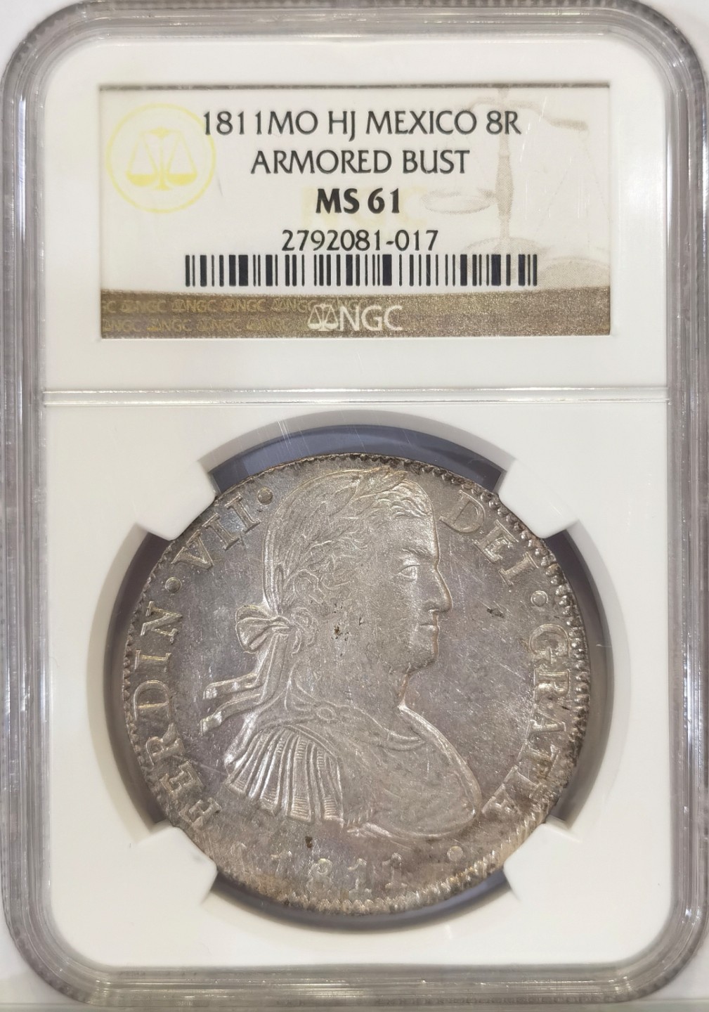 博洋堂世界钱币拍卖第022期（全场包邮） NGC MS61 西属墨西哥1811年斐迪南七世双柱 MO HJ 8里亚尔 过渡版中少见年份 收藏不容错过