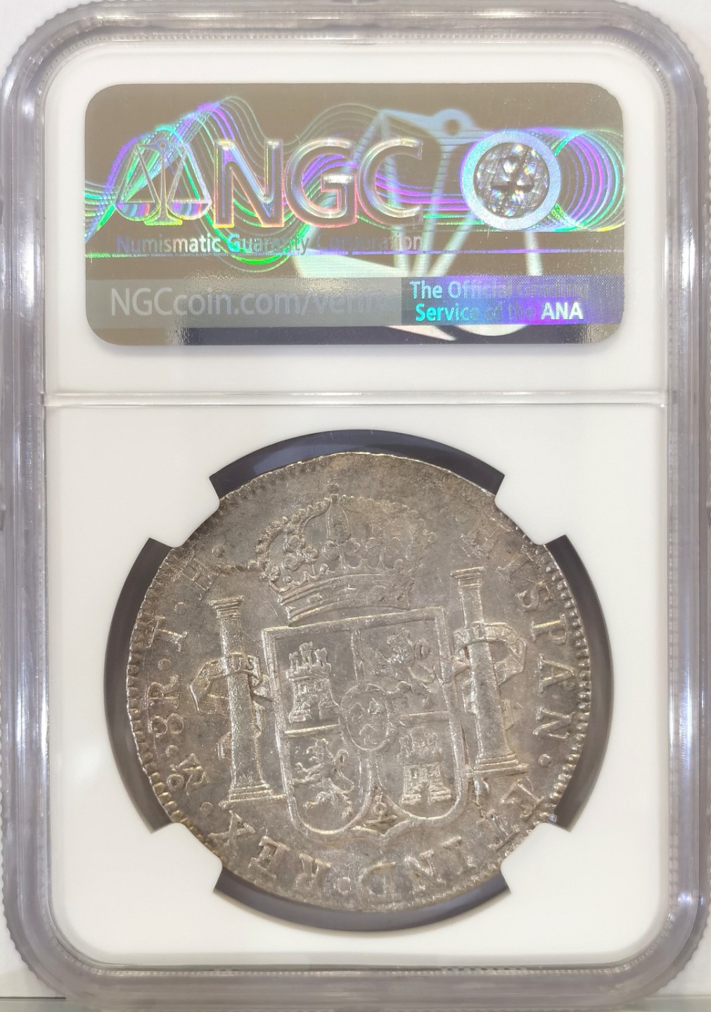 博洋堂世界钱币拍卖第022期（全场包邮） NGC AU58  西属墨西哥1808年卡洛斯四世双柱 8里亚尔 原味包浆 收藏性价比高