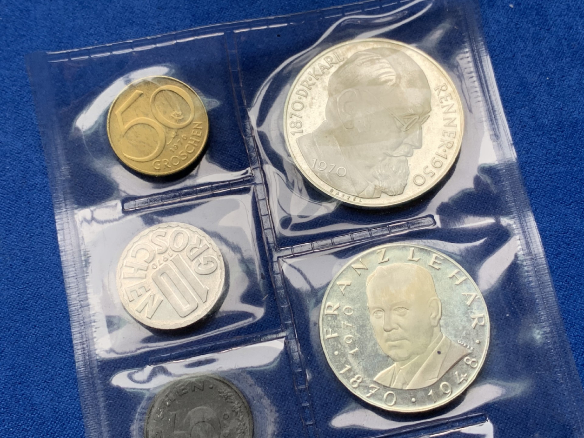 《竞宝斋》第151场-周日，周一，周四 3场 (全场包邮) 奥地利 1970年 九枚套 维也纳造币厂 精制套币 其中两枚大的25/50先令都是银币