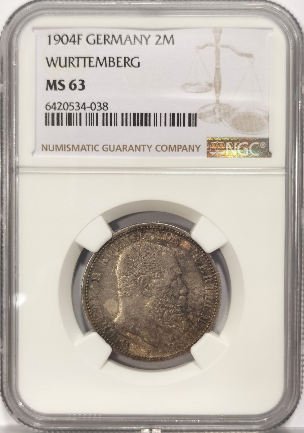 博洋堂世界钱币拍卖第022期（全场包邮） NGC MS63 1904年德国符腾堡威廉二世大胡子2马克银币