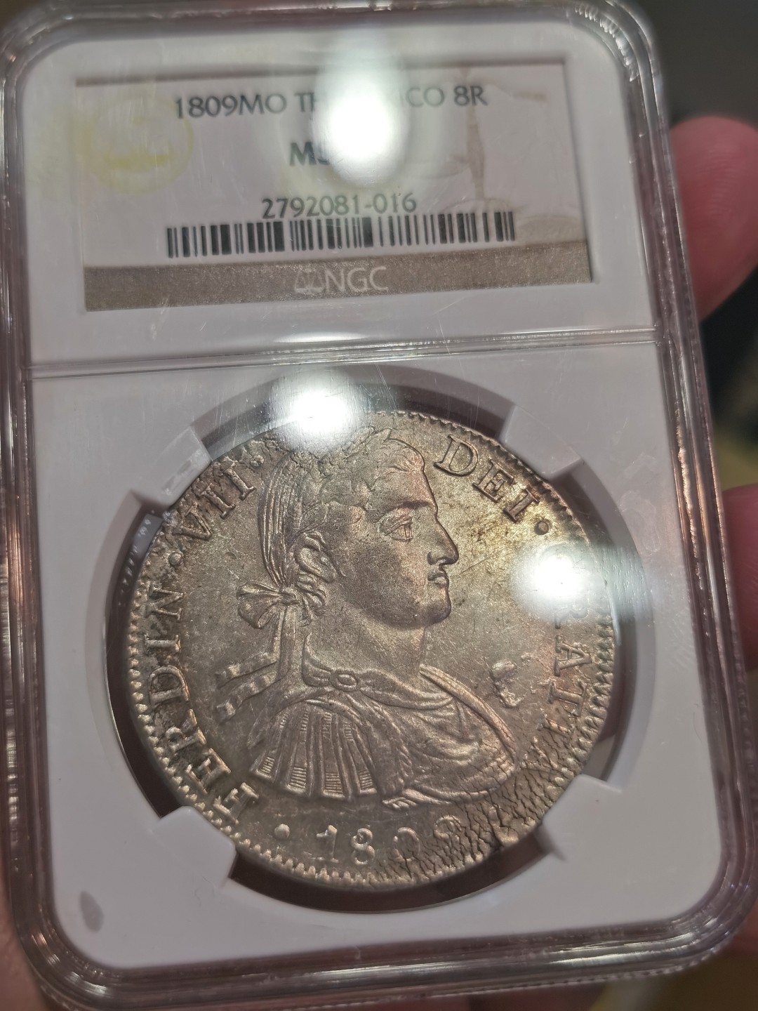 博洋堂世界钱币拍卖第022期（全场包邮） NGC MS62 西属墨西哥1809年斐迪南七世双柱 MO TH 8里亚尔 过渡年份军装版 目前价值洼地