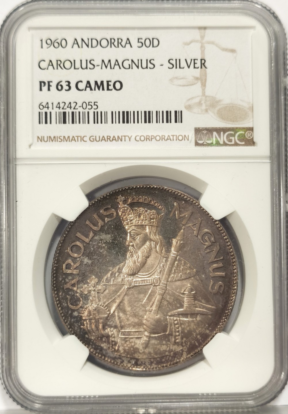 博洋堂世界钱币拍卖第022期（全场包邮） 珍稀币！NGC PF63 CAM 1960年安道尔查理曼大帝50第纳尔精制大银币，镜面底板，亮金包浆，非常漂亮，只有3100枚