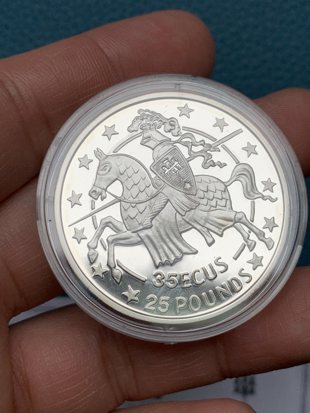 《竞宝斋》第151场-周日，周一，周四 3场 (全场包邮) 直布罗陀1991年 马剑骑士35ECUS/25镑 精制大银币