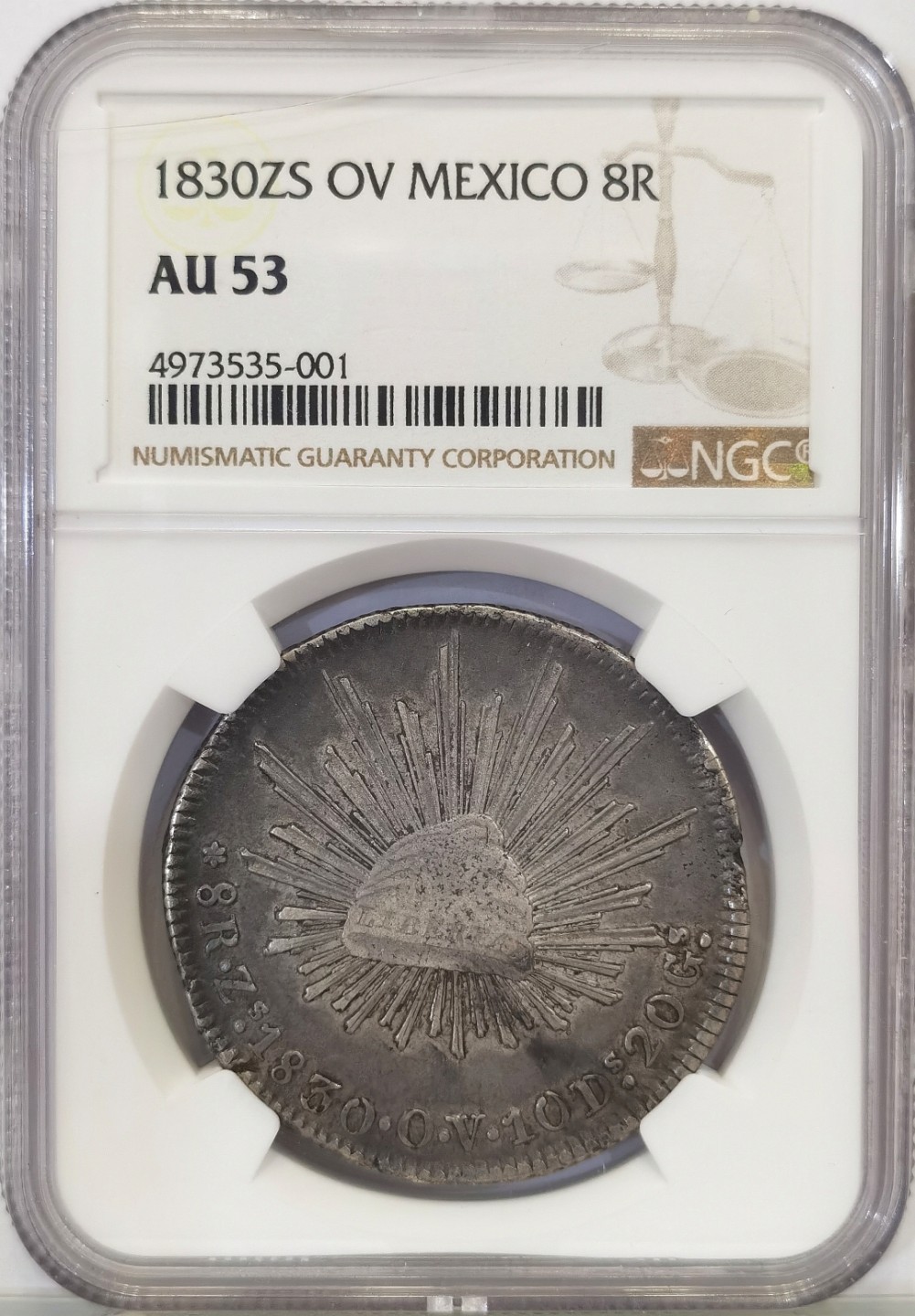 博洋堂世界钱币拍卖第022期（全场包邮） NGC AU53 墨西哥1830年ZS OV版花边鹰洋 六级鹰 早期少见 海盗书记载XF已经是该版所能达到的最高品相等级了 难得打制漂亮