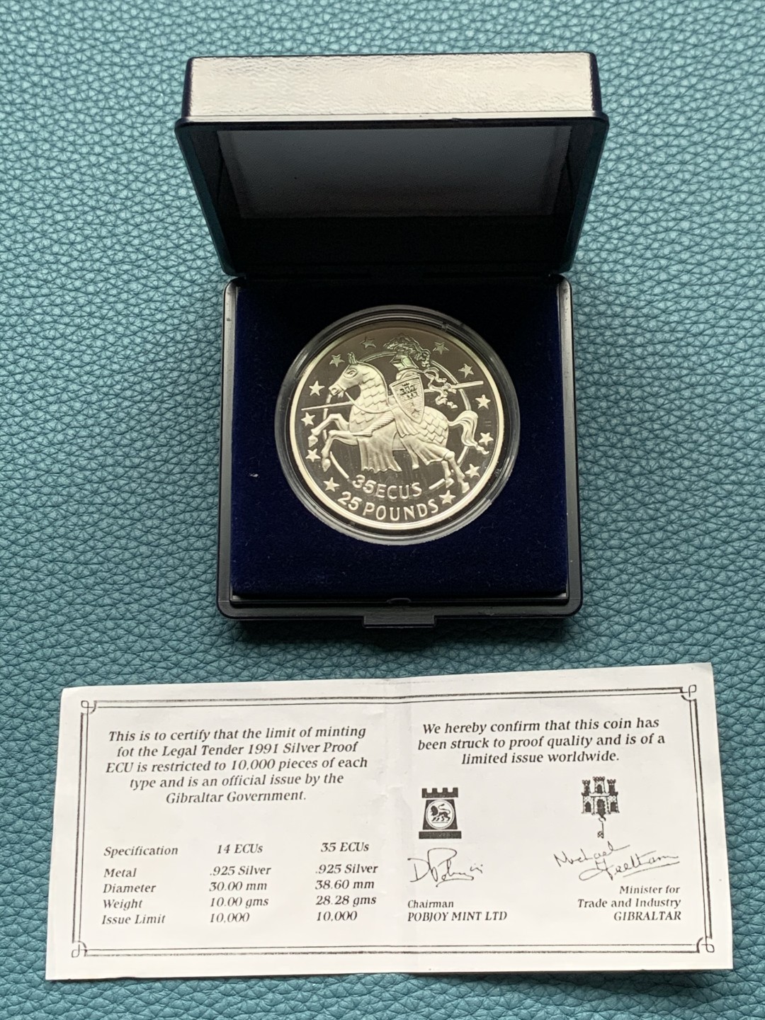 《竞宝斋》第151场-周日，周一，周四 3场 (全场包邮) 直布罗陀1991年 马剑骑士35ECUS/25镑 精制大银币