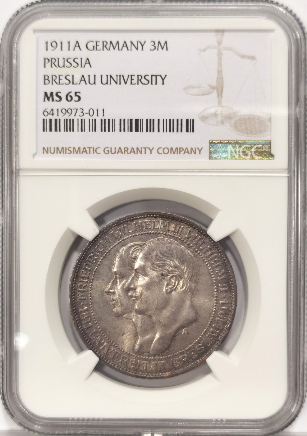 博洋堂世界钱币拍卖第022期（全场包邮） NGC MS65 1911年德国普鲁士布雷斯劳大学3马克纪念银币