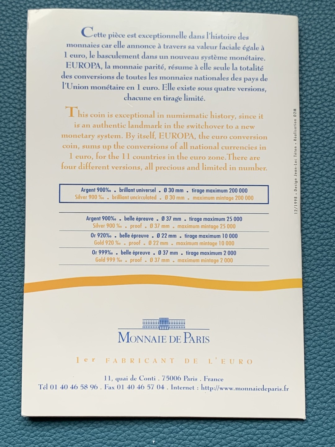 《竞宝斋》第151场-周日，周一，周四 3场 (全场包邮) 卡装 法国 1999年6.55957法郎银币 造币厂封装