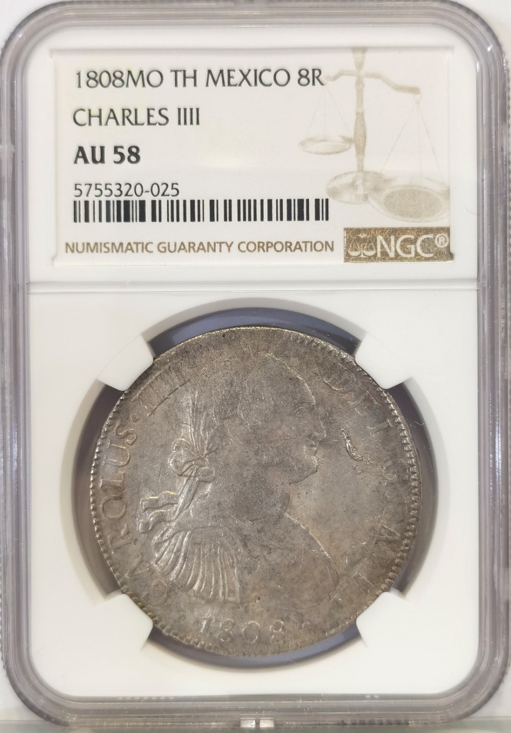 博洋堂世界钱币拍卖第022期（全场包邮） NGC AU58  西属墨西哥1808年卡洛斯四世双柱 8里亚尔 原味包浆 收藏性价比高