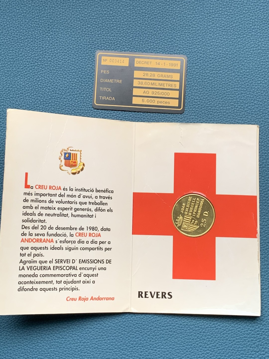 《竞宝斋》第151场-周日，周一，周四 3场 (全场包邮) 卡装 安道尔1991年 和平鸽25第纳尔大银币 28.28克 92.5%银