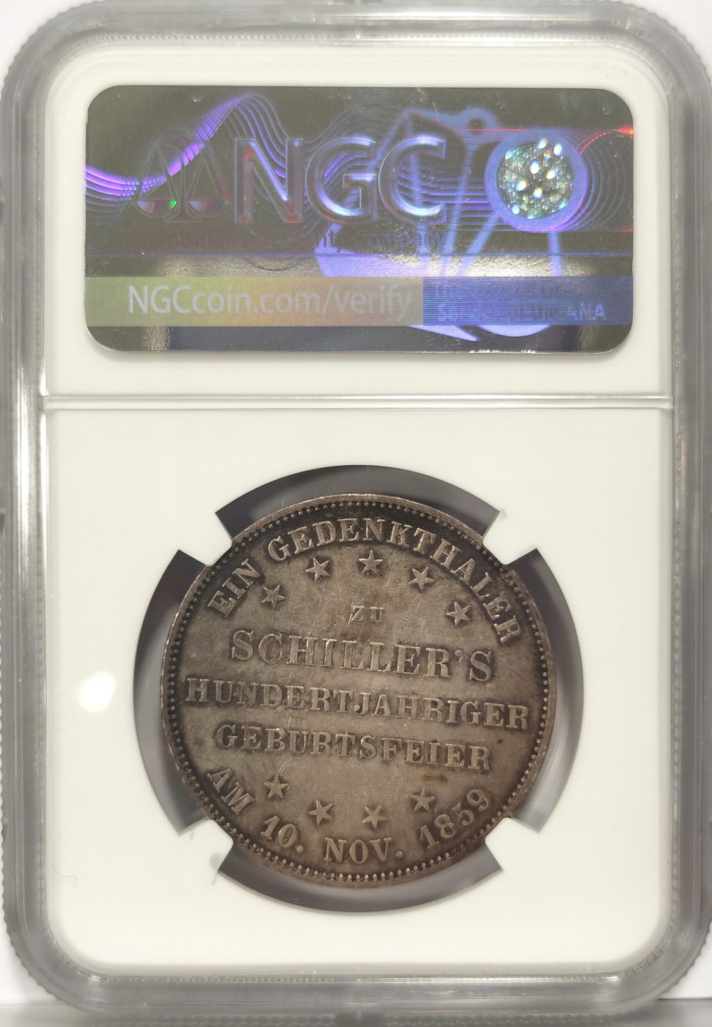 博洋堂世界钱币拍卖第022期（全场包邮） NGC AU55 1859年德国法兰克福纪念席勒1泰勒银币