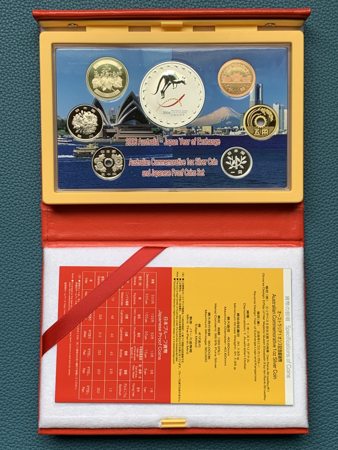 《竞宝斋》第151场-周日，周一，周四 3场 (全场包邮) 日本2006年日澳交流年精制套币含澳大利亚袋鼠1盎司银币
