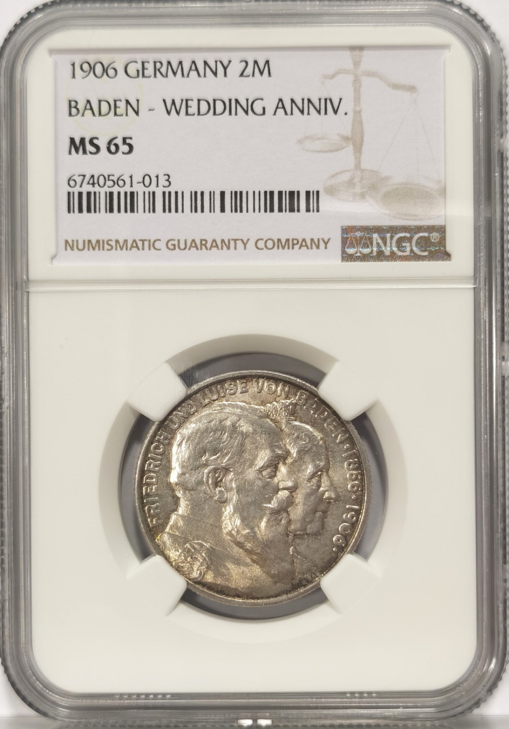 博洋堂世界钱币拍卖第022期（全场包邮） NGC MS65 1906年德国巴登金婚2马克纪念银币