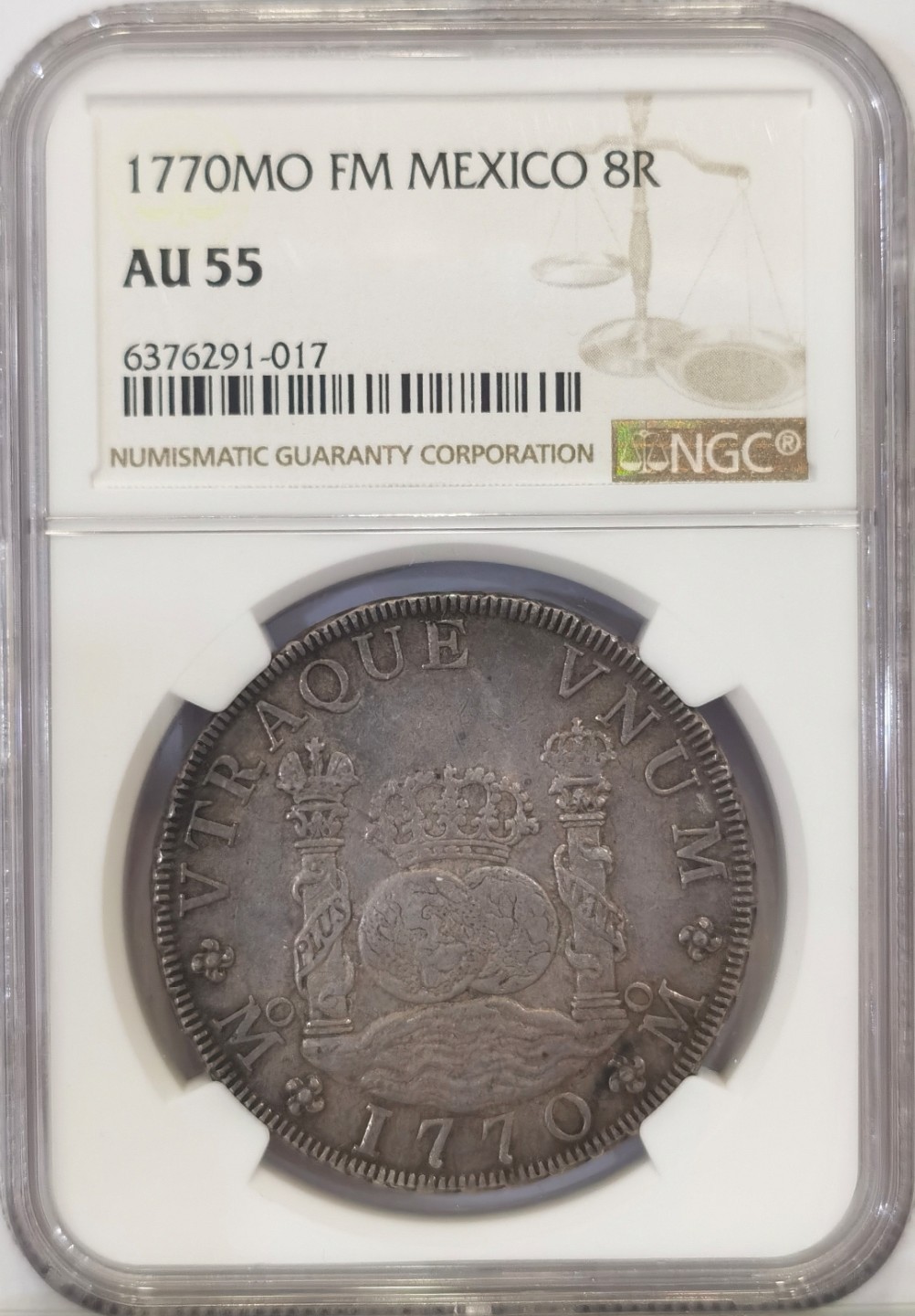 博洋堂世界钱币拍卖第022期（全场包邮） NGC AU55 墨西哥地球双柱 1770 8里亚尔 双面黑五彩包浆 深打 一步到位