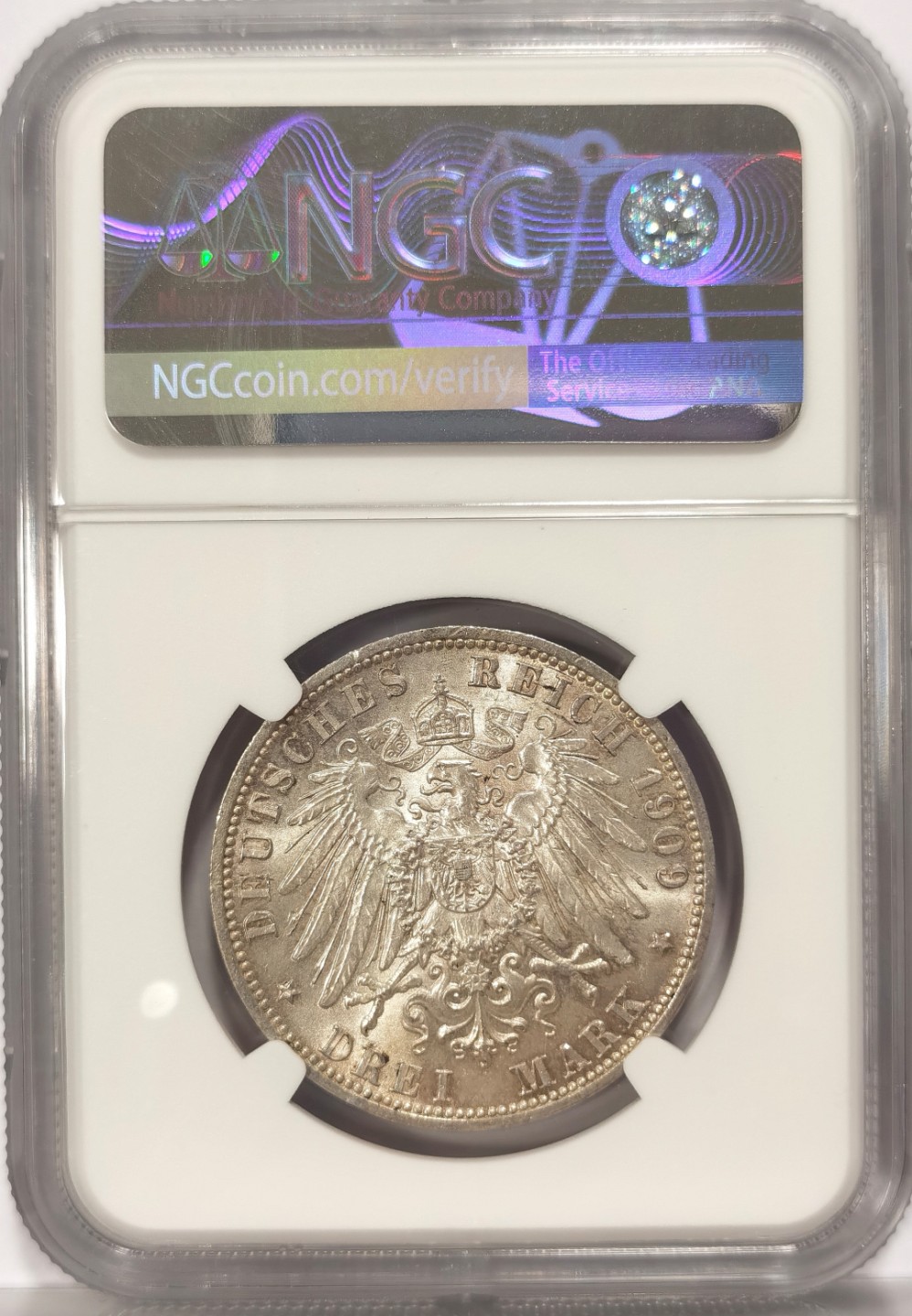 博洋堂世界钱币拍卖第022期（全场包邮） NGC MS64 1909年德国普鲁士威廉二世3马克银币