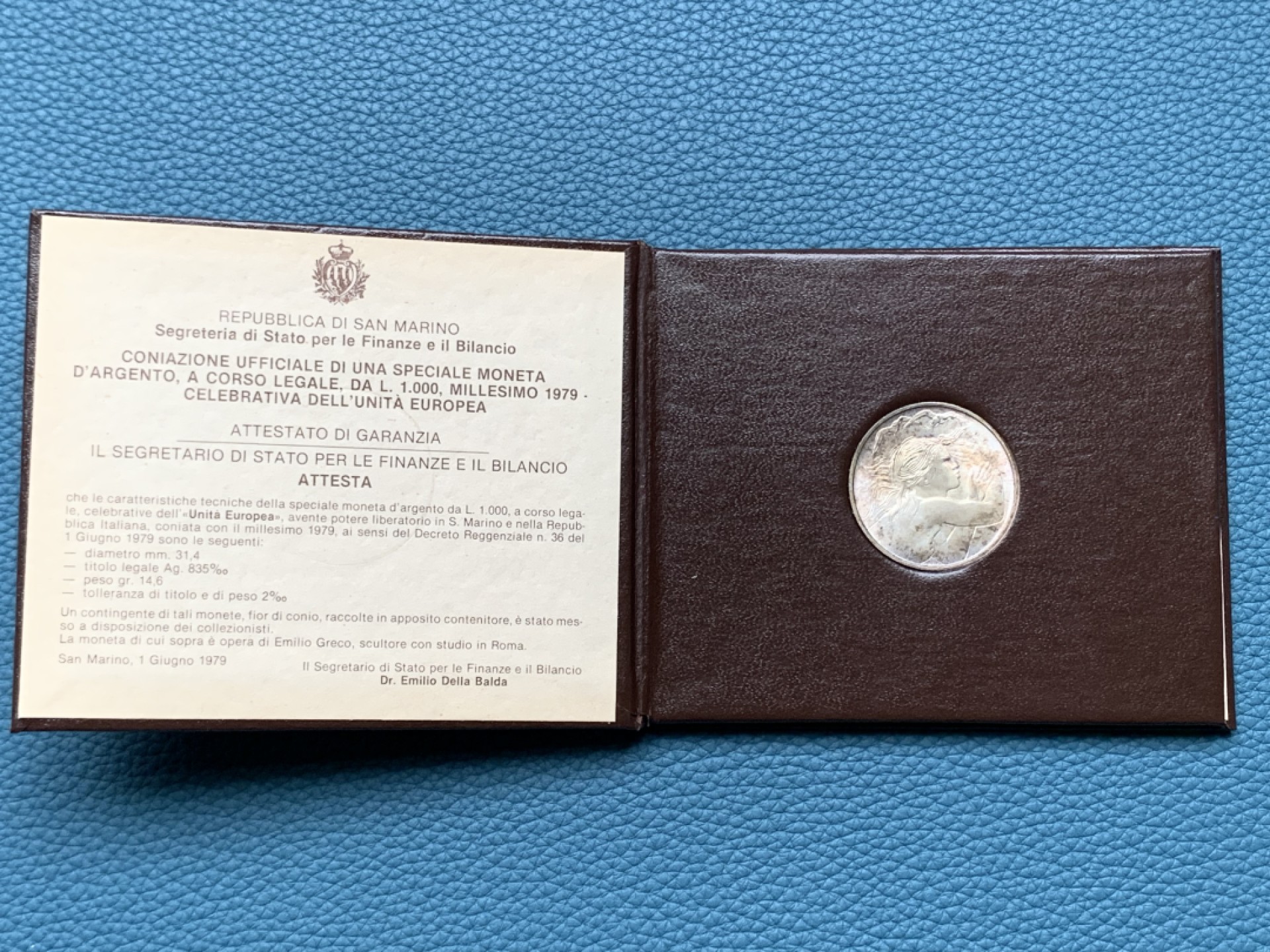 《竞宝斋》第151场-周日，周一，周四 3场 (全场包邮) 卡装 圣马力诺1979年 女神 1000里拉银币 代彩包浆