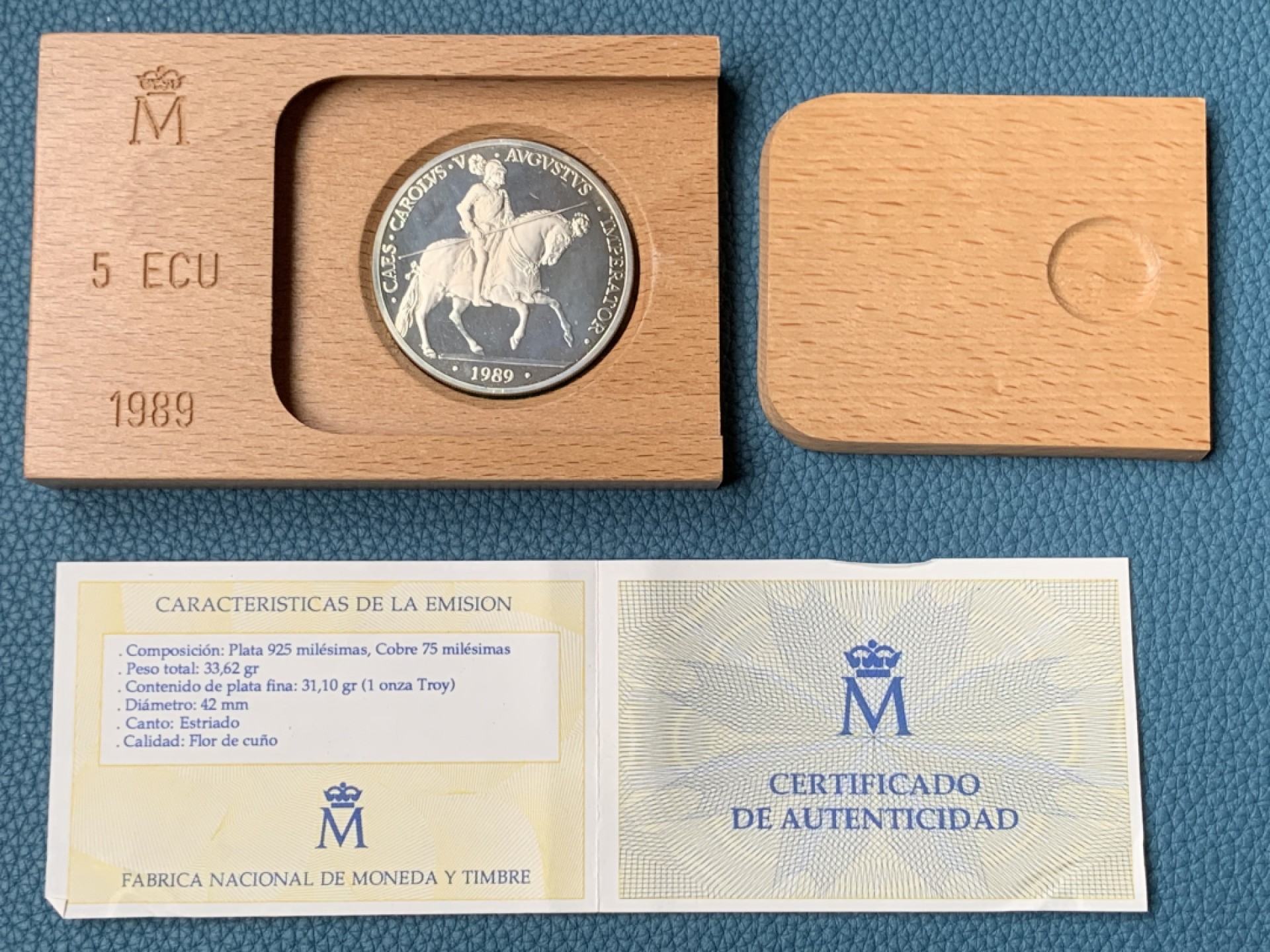 《竞宝斋》第151场-周日，周一，周四 3场 (全场包邮) 原盒证书 西班牙1989年 骑士5艾古 大银币 33.62克 92.5%银