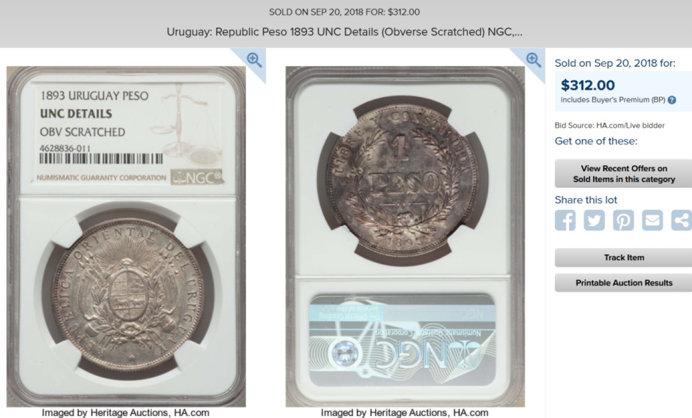 博洋堂世界钱币拍卖第022期（全场包邮） 1893年乌拉圭1比索大银币 非常少见品种 AU美品