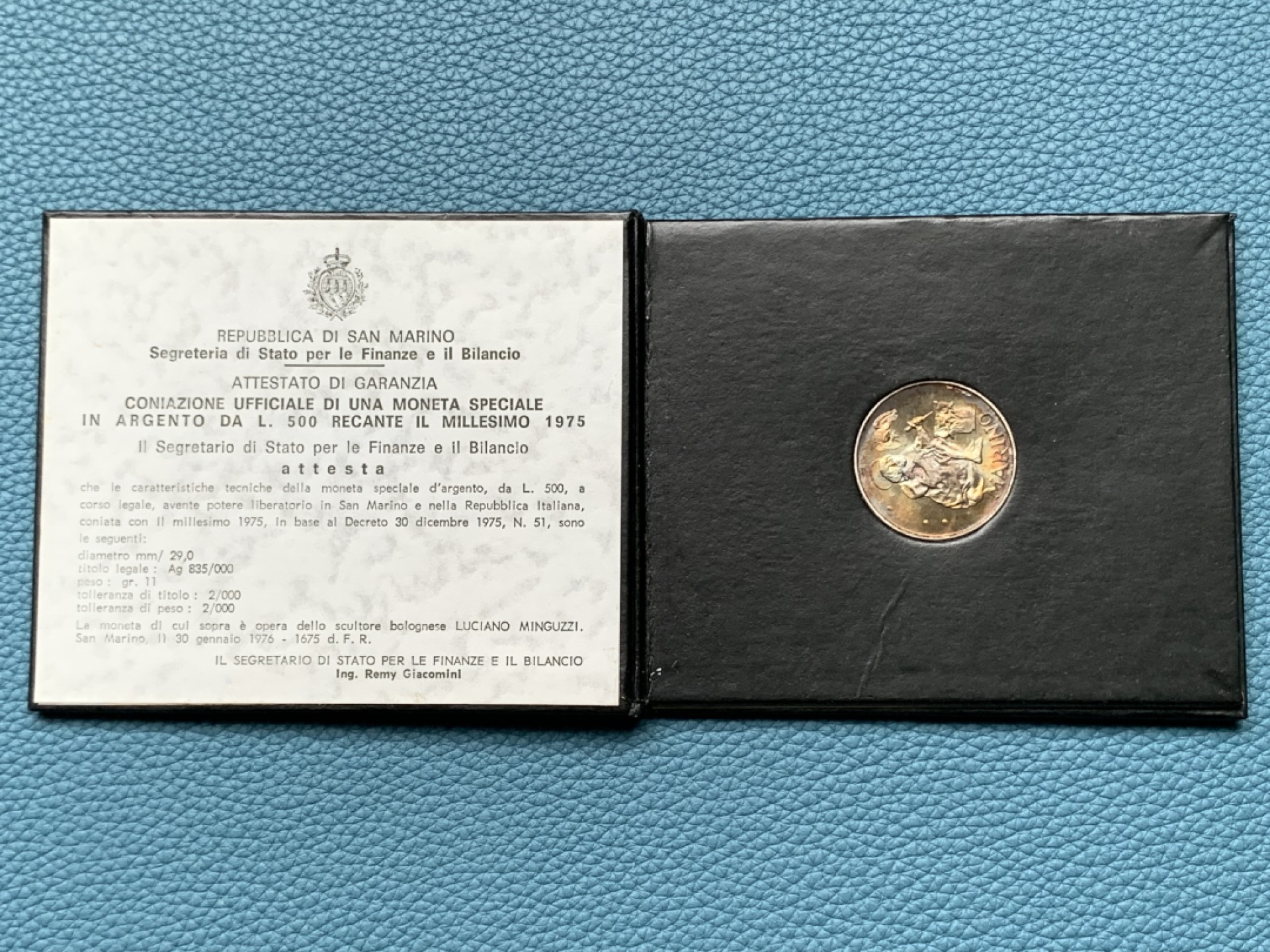 《竞宝斋》第151场-周日，周一，周四 3场 (全场包邮) 卡装 圣马力诺 1975 造币厂纪念 500里拉银币 五彩包浆