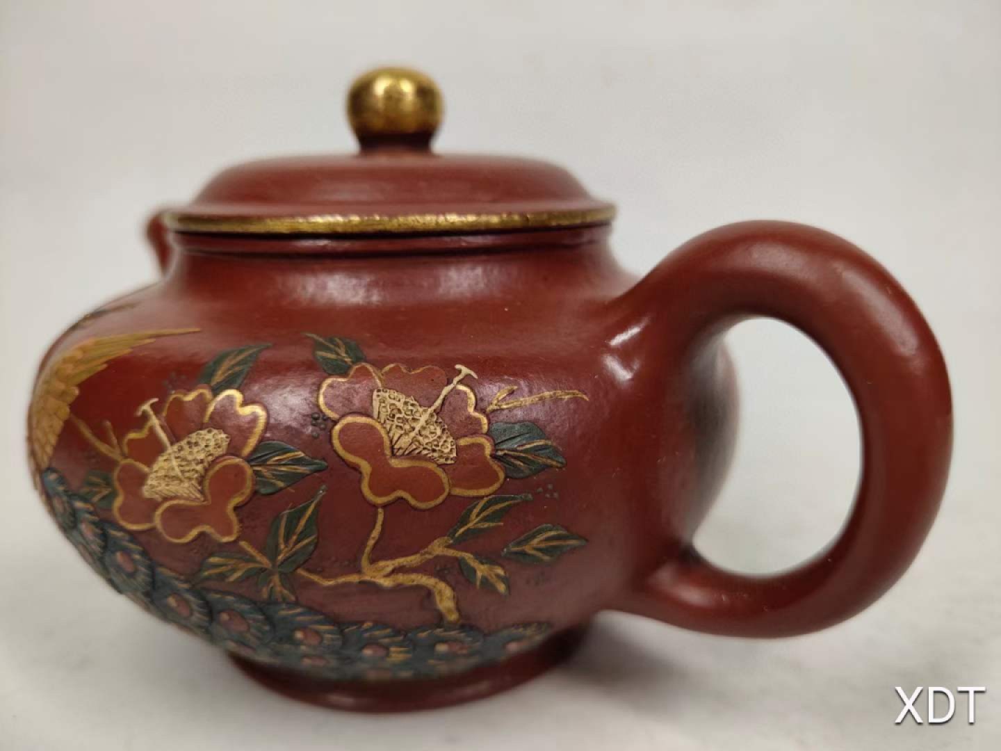 珍藏●名人手工胎泥绘花鸟图案描金紫砂壶九孔出水