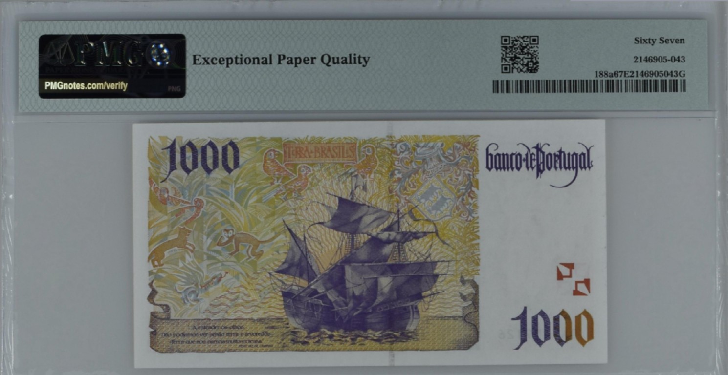 《张总收藏》97期——外币百拍 葡萄牙1996年1000埃斯库多 初版首发冠0A冠PMG67，稀缺首发年 罕见首发冠0A 67高分 卡布拉尔发现巴西 经典大航海系列